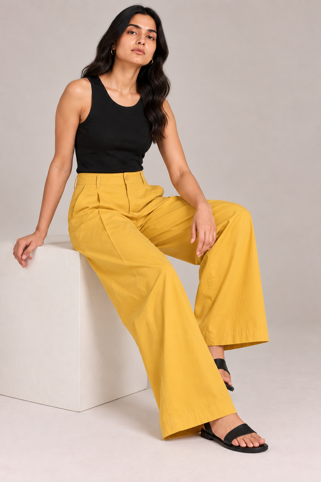 Women Mustard Yellow Cotton Poplin Wide Leg Trouser High Waist Straight Fit Pants