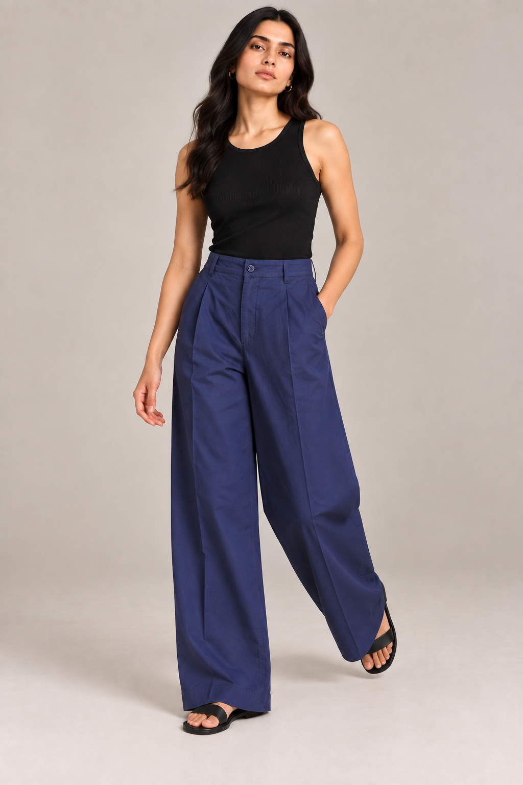 Women Navy Blue Cotton Poplin Wide Leg Trouser High Waist Straight Fit Pants