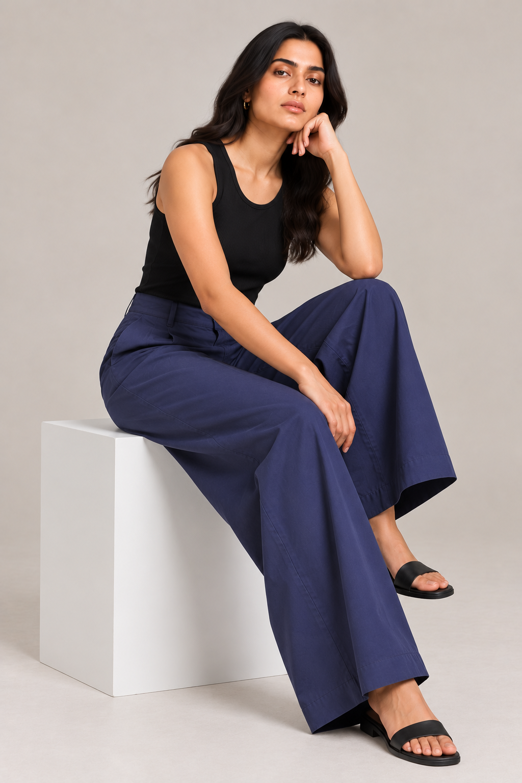 Women Navy Blue Cotton Poplin Wide Leg Trouser High Waist Straight Fit Pants