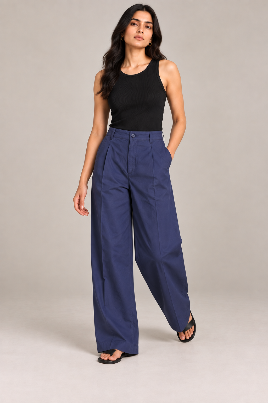 Women Navy Blue Cotton Poplin Wide Leg Trouser High Waist Straight Fit Pants