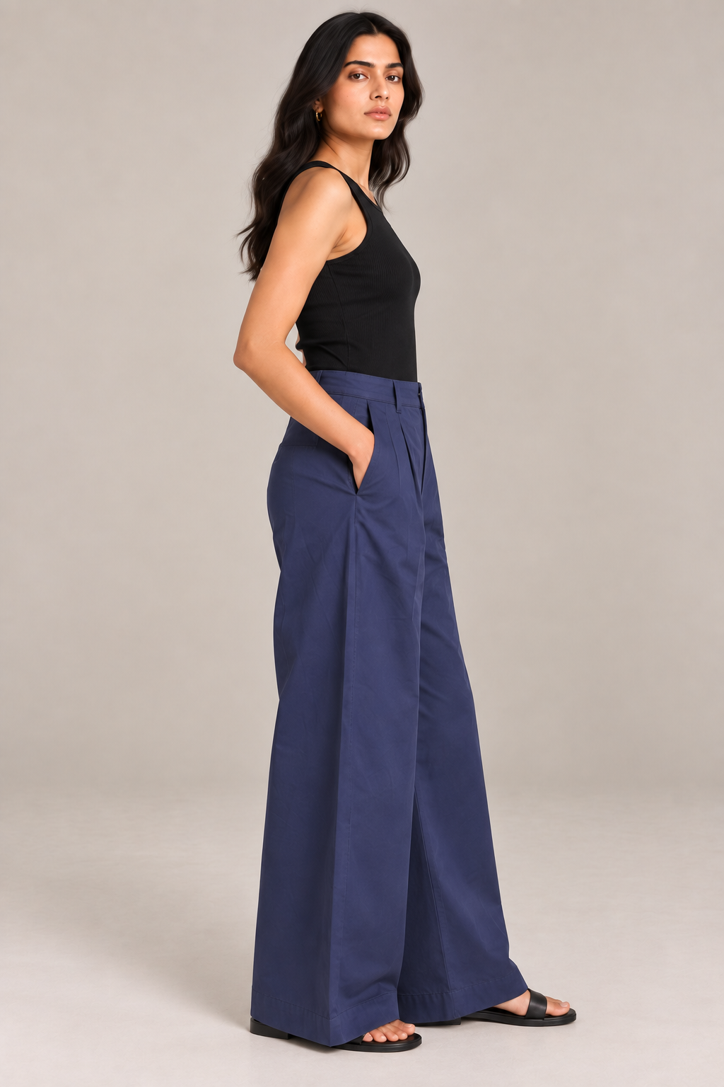 Women Navy Blue Cotton Poplin Wide Leg Trouser High Waist Straight Fit Pants