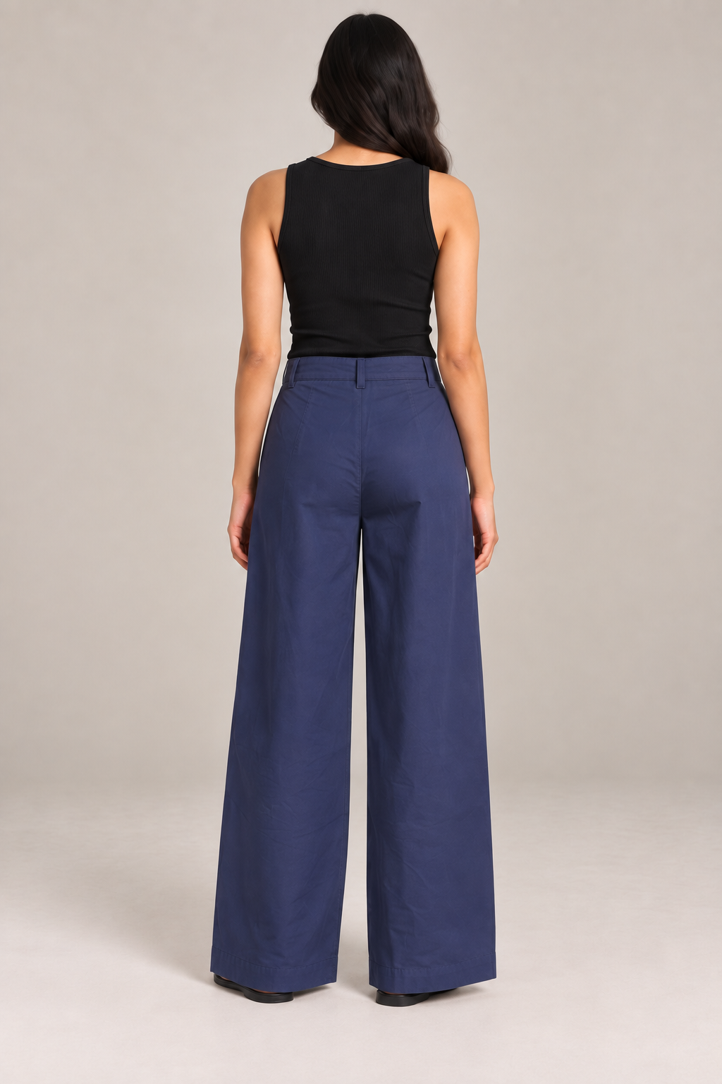 Women Navy Blue Cotton Poplin Wide Leg Trouser High Waist Straight Fit Pants