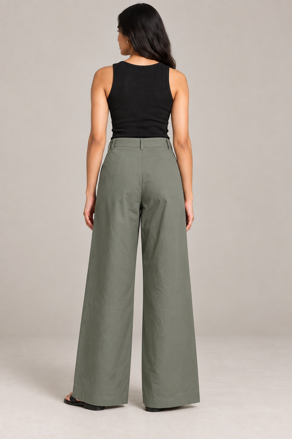 Women Olive Green Cotton Poplin Wide Leg Trouser High Waist Straight Fit Pants