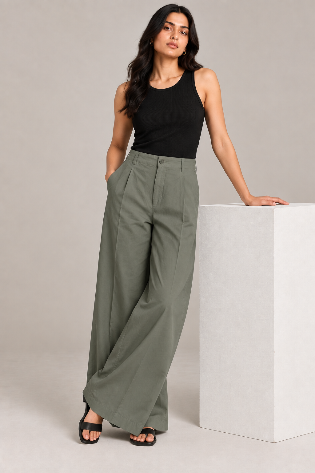 Women Olive Green Cotton Poplin Wide Leg Trouser High Waist Straight Fit Pants