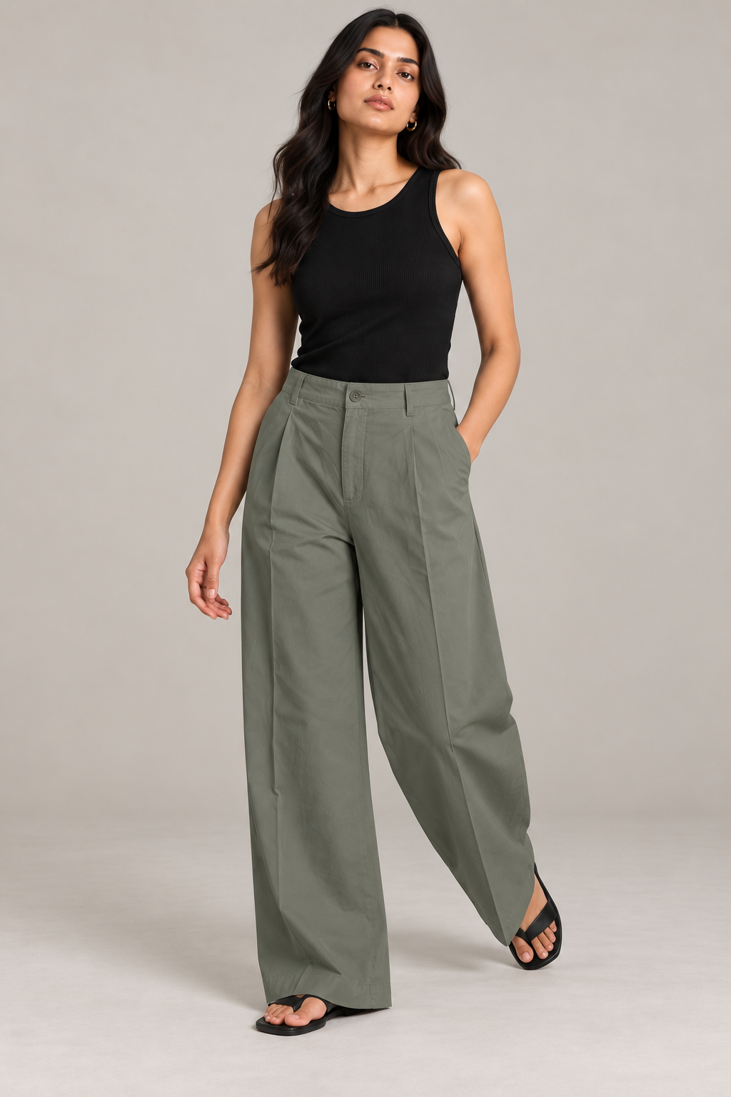Women Olive Green Cotton Poplin Wide Leg Trouser High Waist Straight Fit Pants