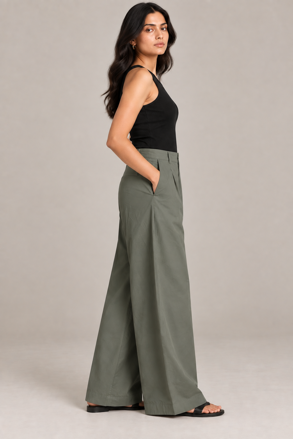 Women Olive Green Cotton Poplin Wide Leg Trouser High Waist Straight Fit Pants