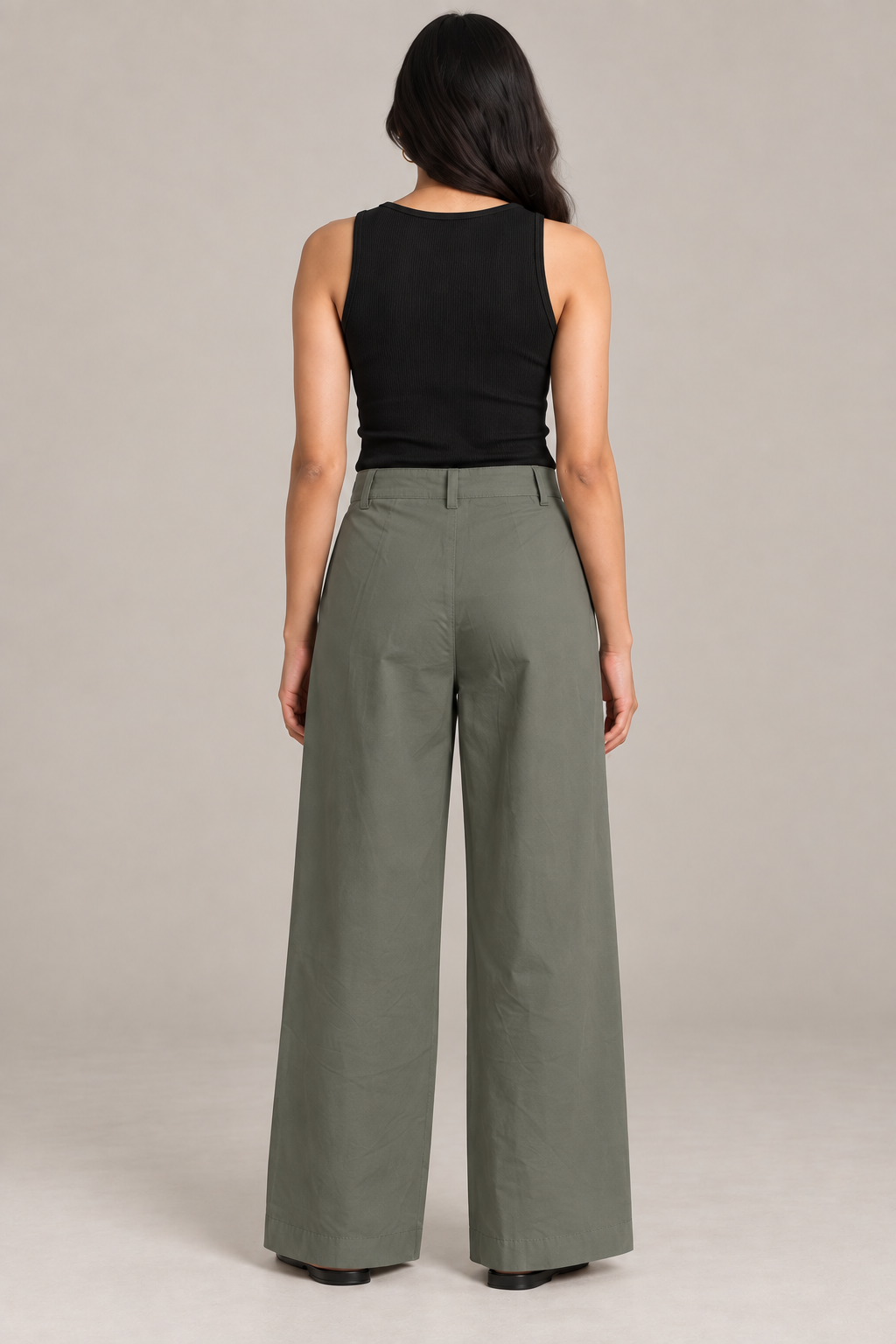 Women Olive Green Cotton Poplin Wide Leg Trouser High Waist Straight Fit Pants