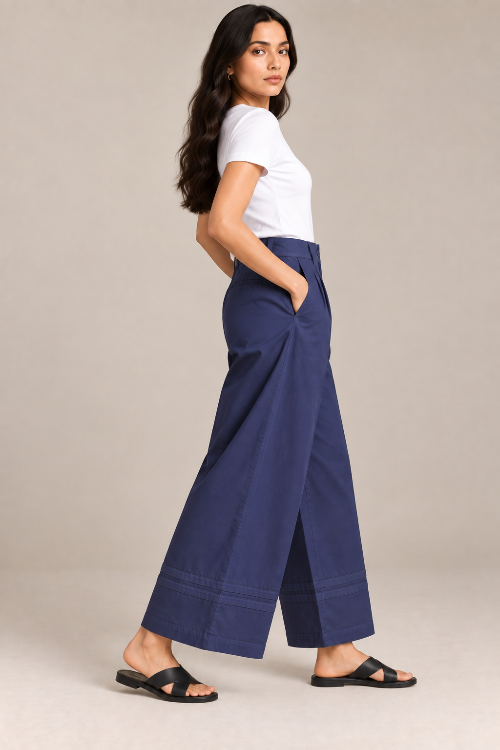 Women Navy Blue Cotton Poplin Wide Leg Trouser High Waist Straight Fit Pants
