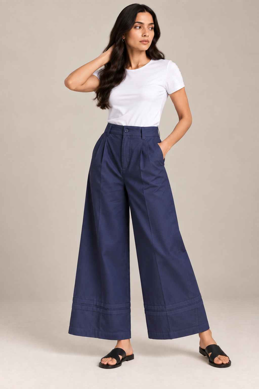 Women Navy Blue Cotton Poplin Wide Leg Trouser High Waist Straight Fit Pants