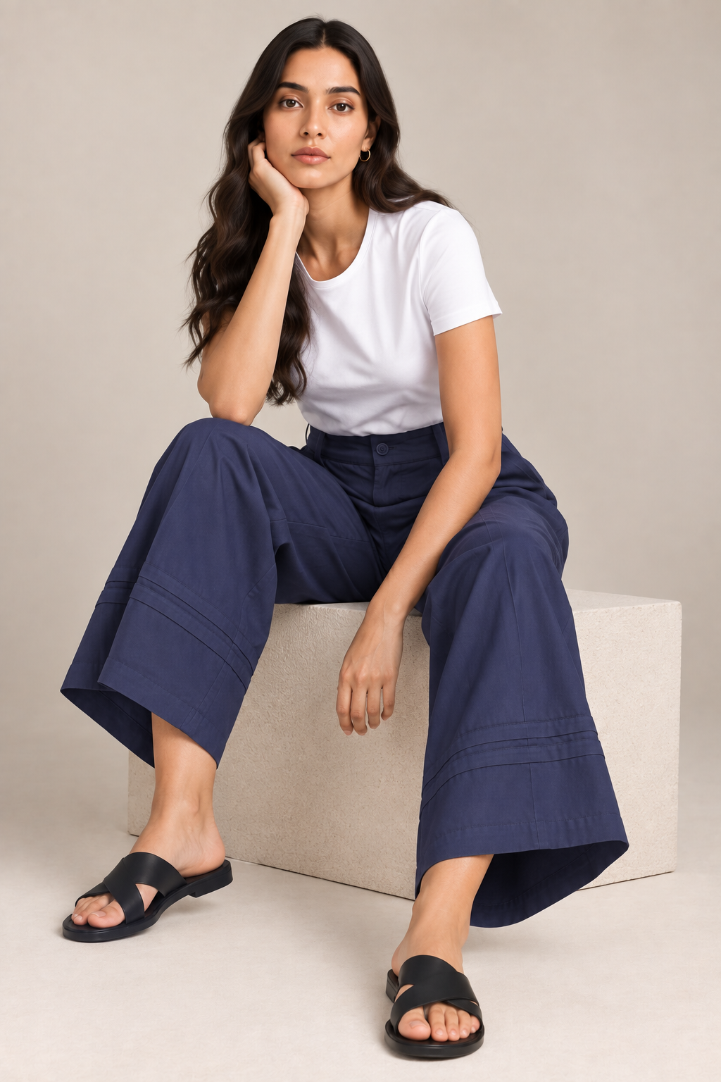 Women Navy Blue Cotton Poplin Wide Leg Trouser High Waist Straight Fit Pants