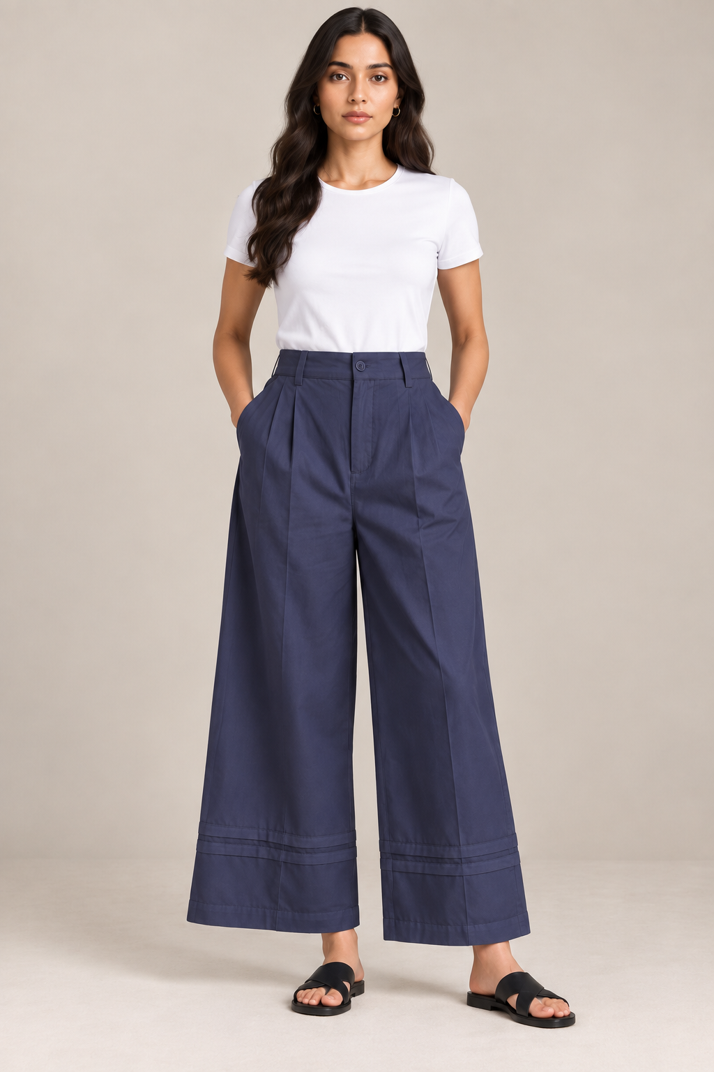 Women Navy Blue Cotton Poplin Wide Leg Trouser High Waist Straight Fit Pants