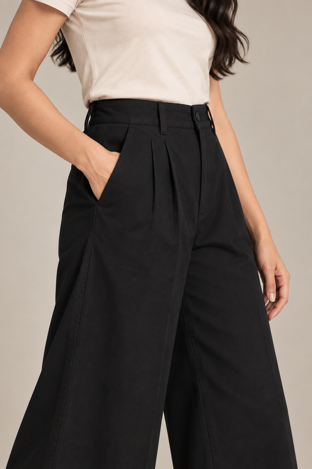 Women Black Cotton Poplin Wide Leg Trouser | High Waist Straight Fit Pants