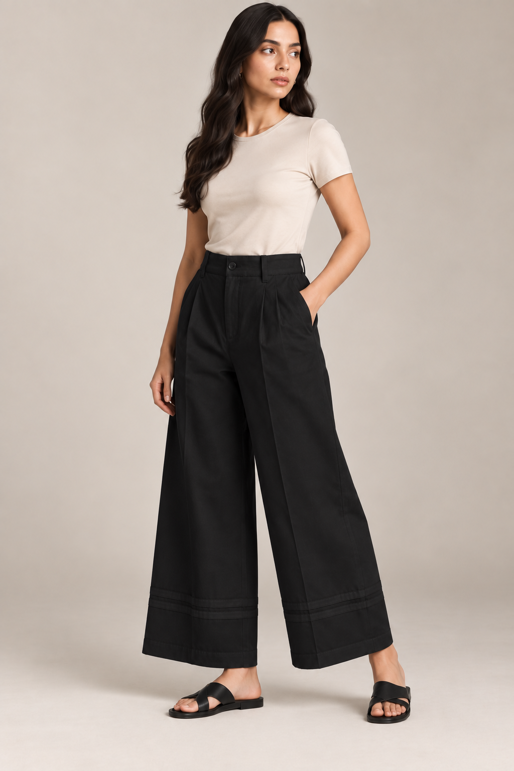Women Black Cotton Poplin Wide Leg Trouser | High Waist Straight Fit Pants