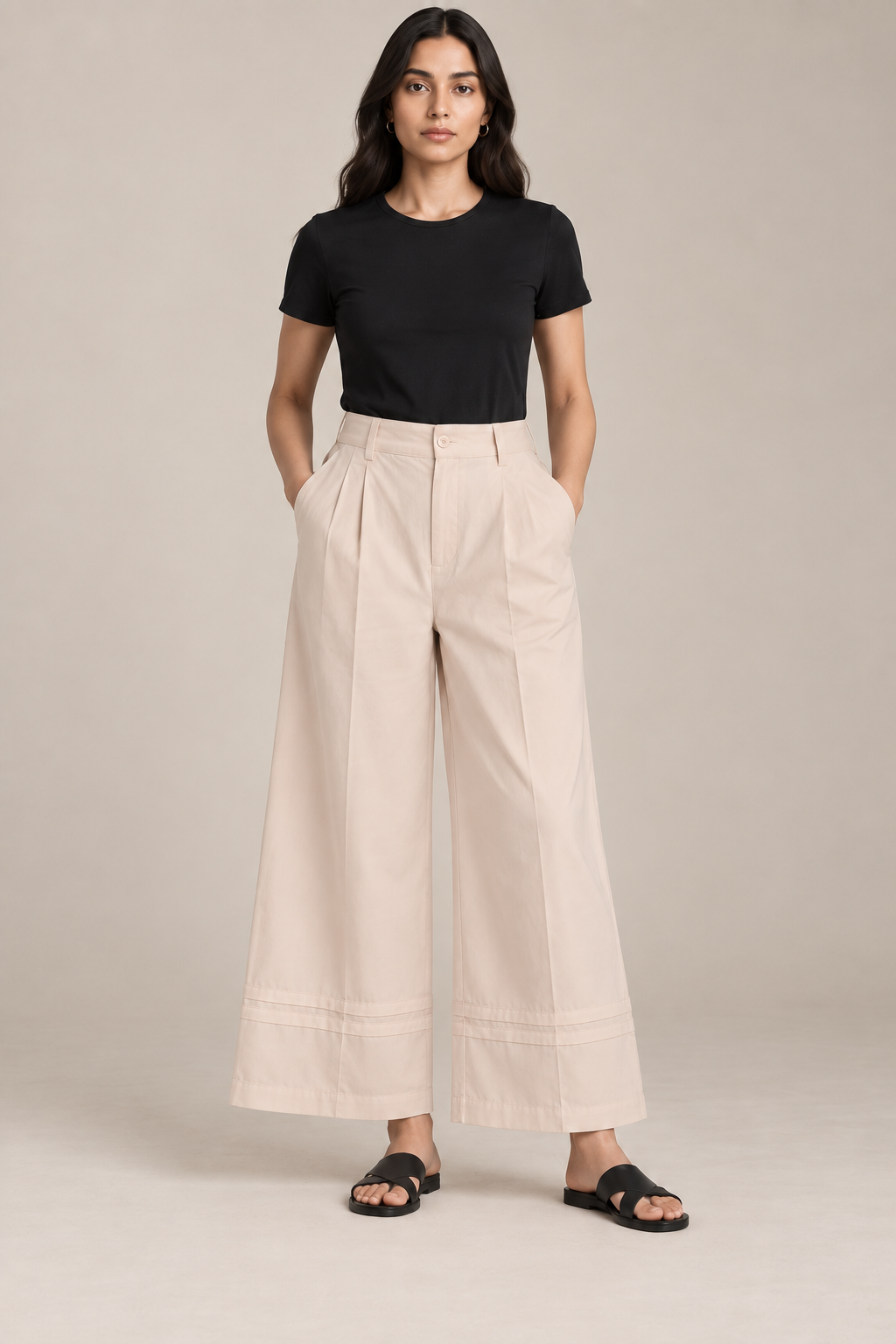 Women Light Beige Cotton Poplin Wide Leg Trouser High Waist Straight Fit Pants