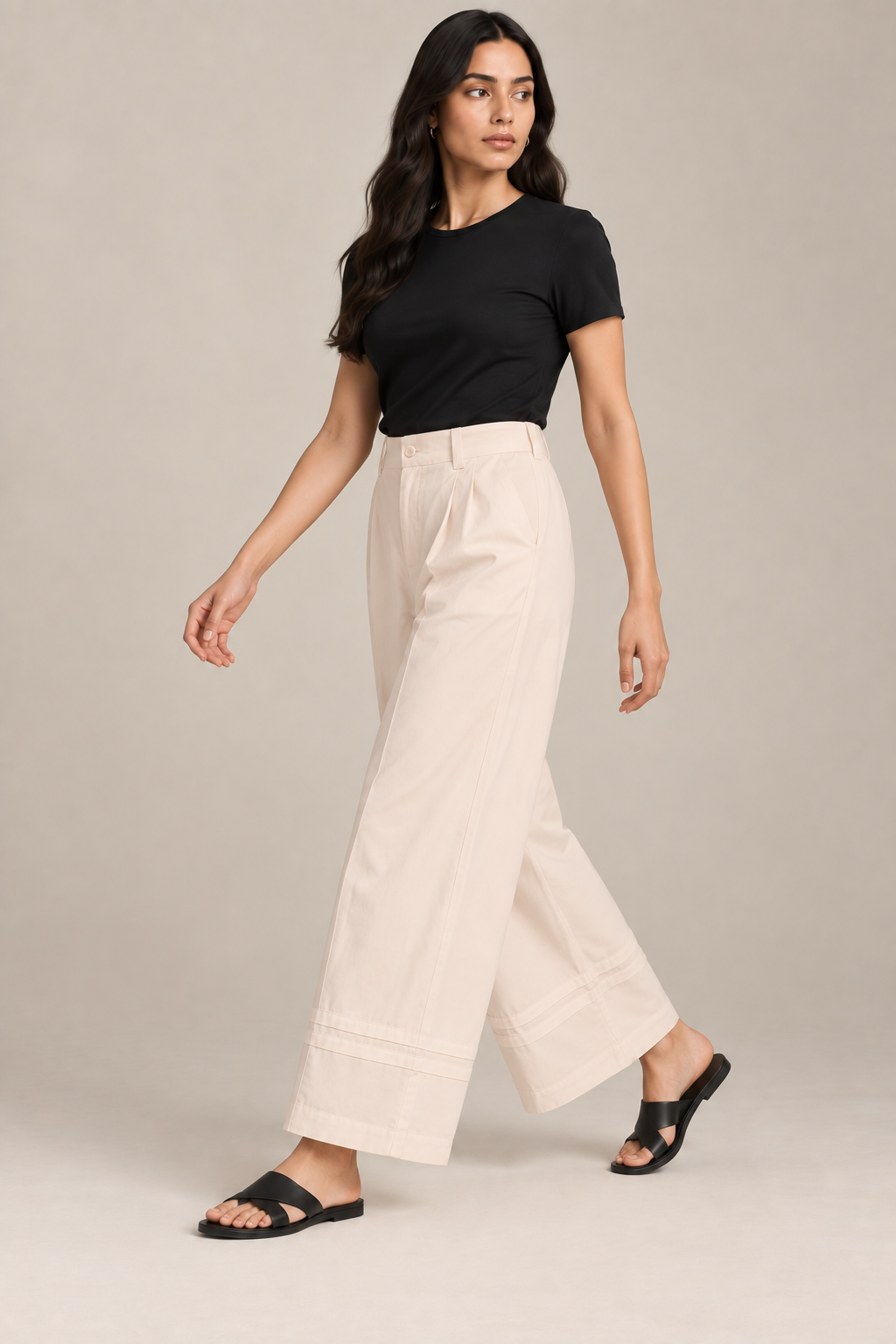 Women Light Beige Cotton Poplin Wide Leg Trouser High Waist Straight Fit Pants