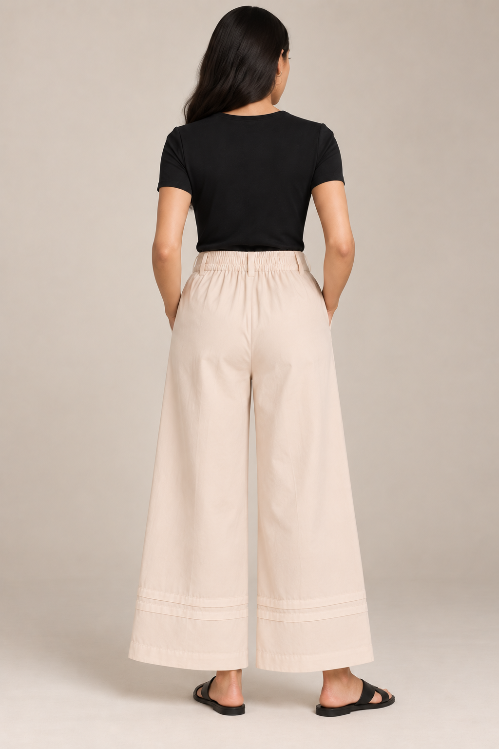 Women Light Beige Cotton Poplin Wide Leg Trouser High Waist Straight Fit Pants