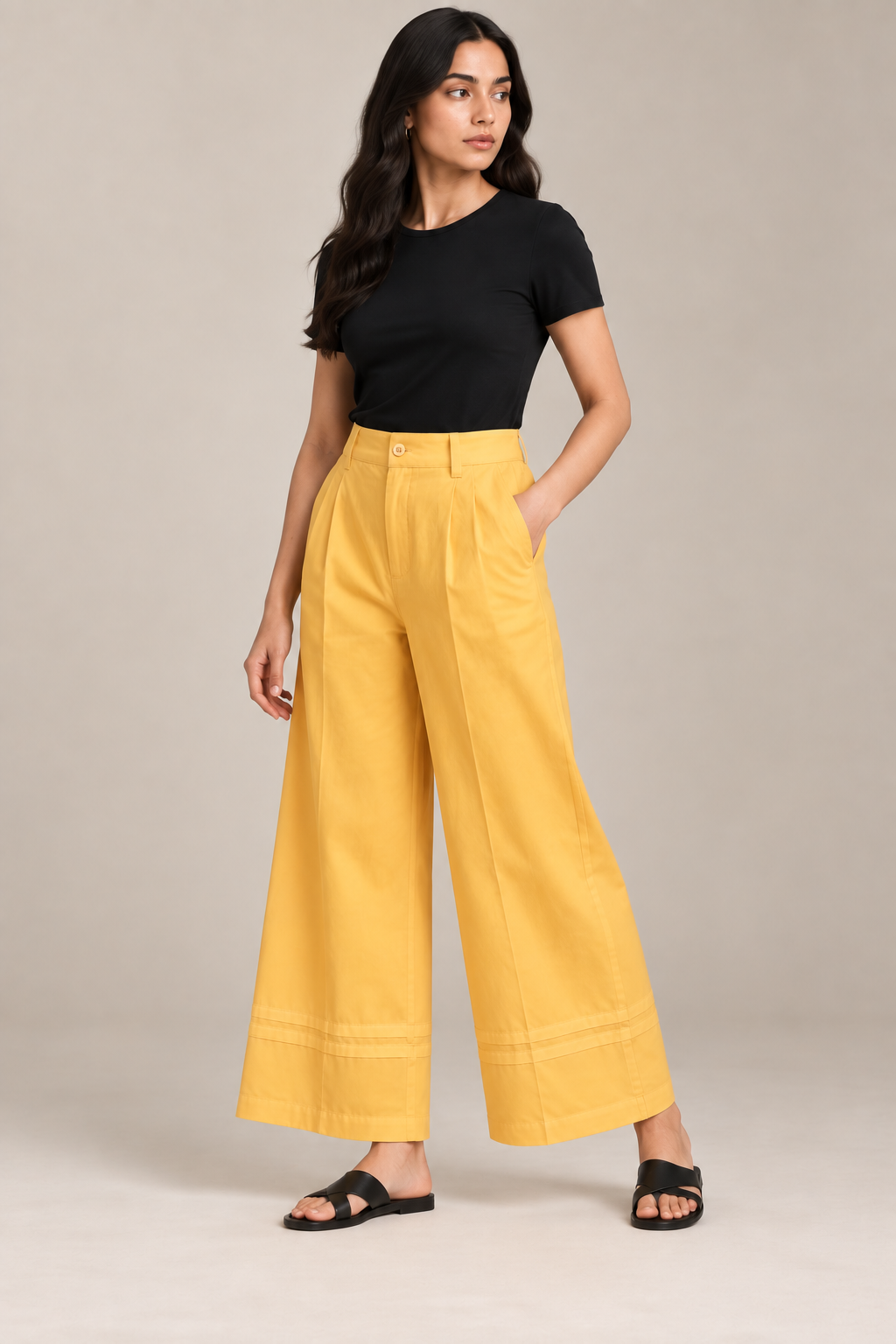 Women Mustard Yellow Cotton Poplin Wide Leg Trouser High Waist Straight Fit Pants