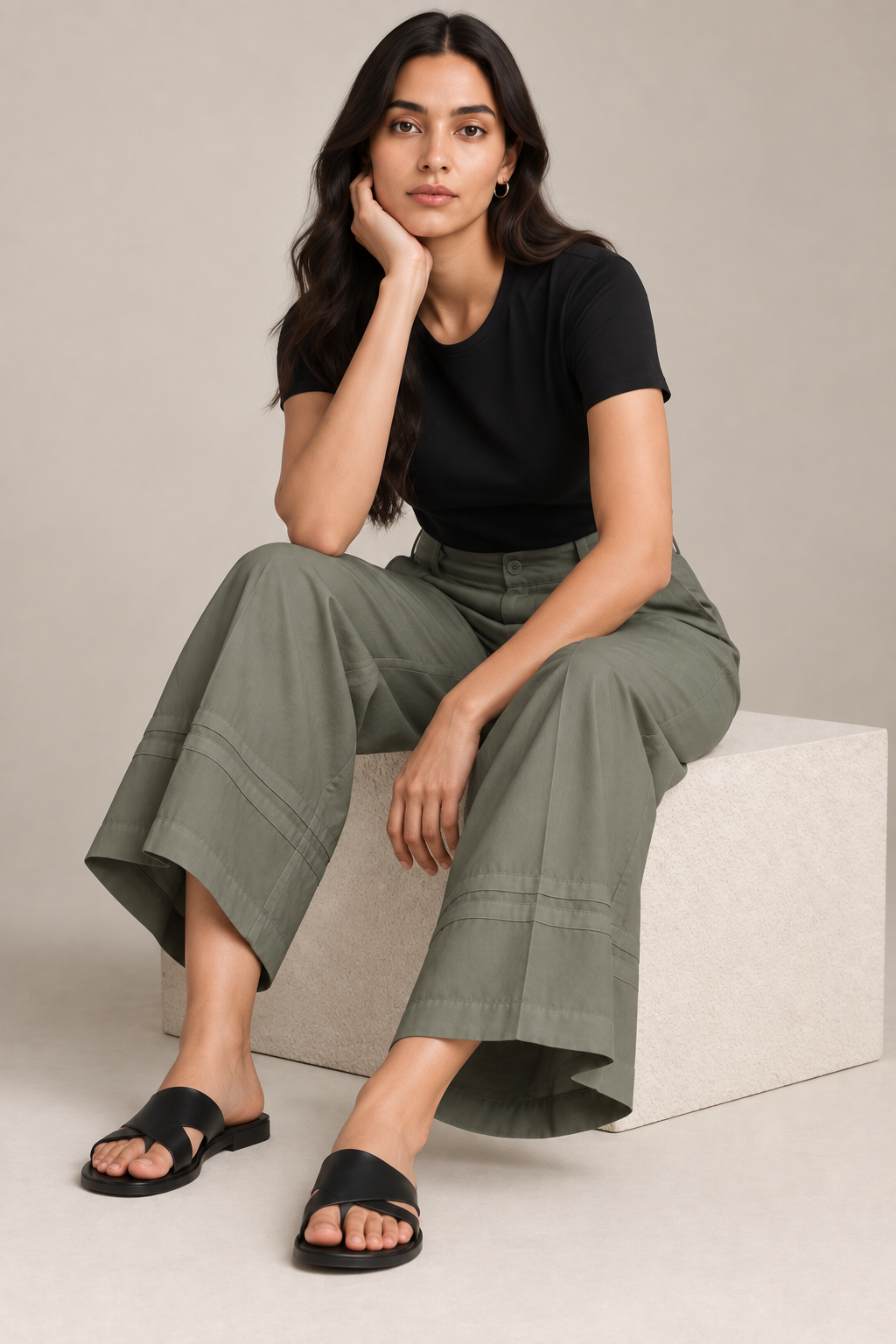 Women Olive Green Cotton Poplin Wide Leg Trouser High Waist Straight Fit Pants