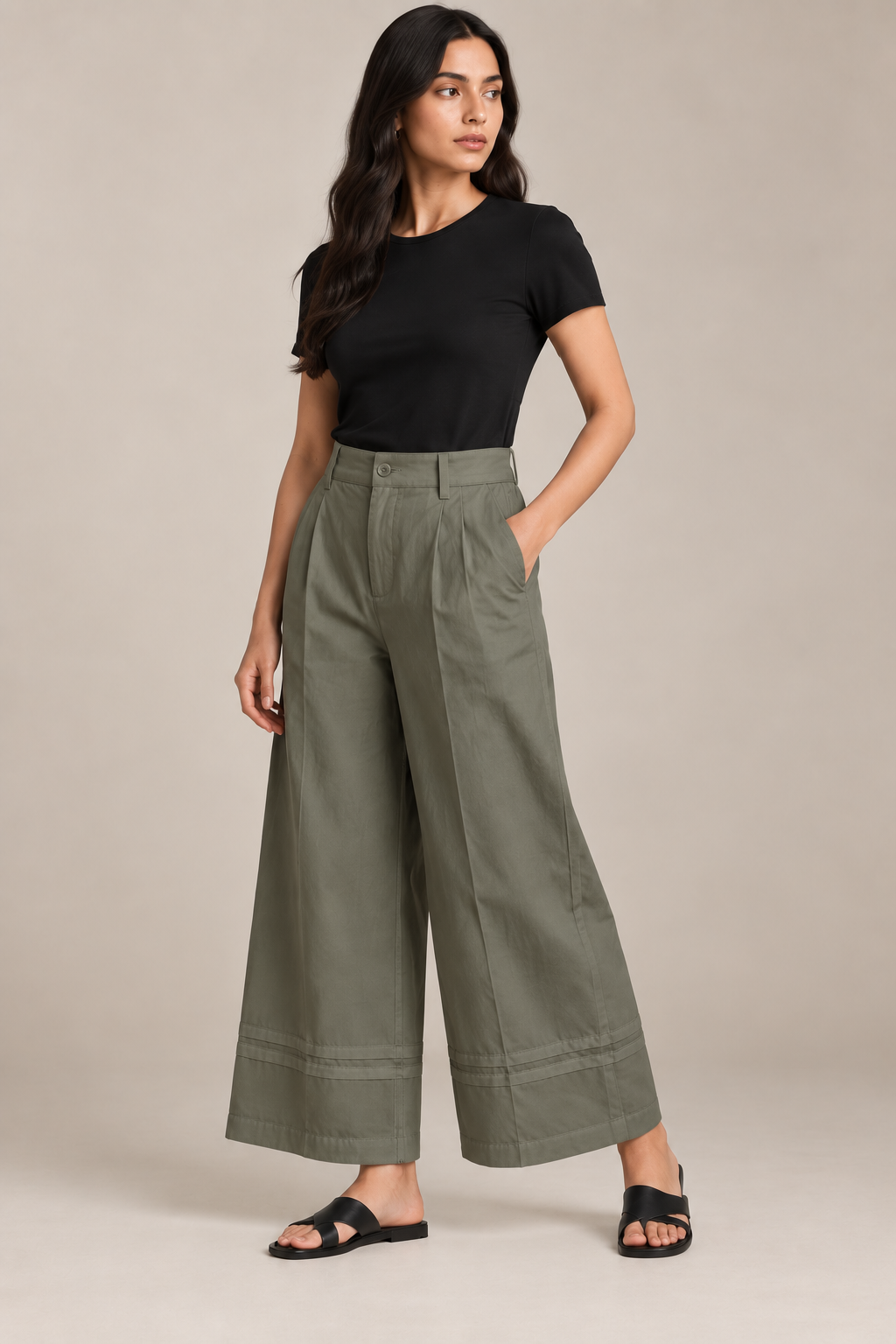 Women Olive Green Cotton Poplin Wide Leg Trouser High Waist Straight Fit Pants