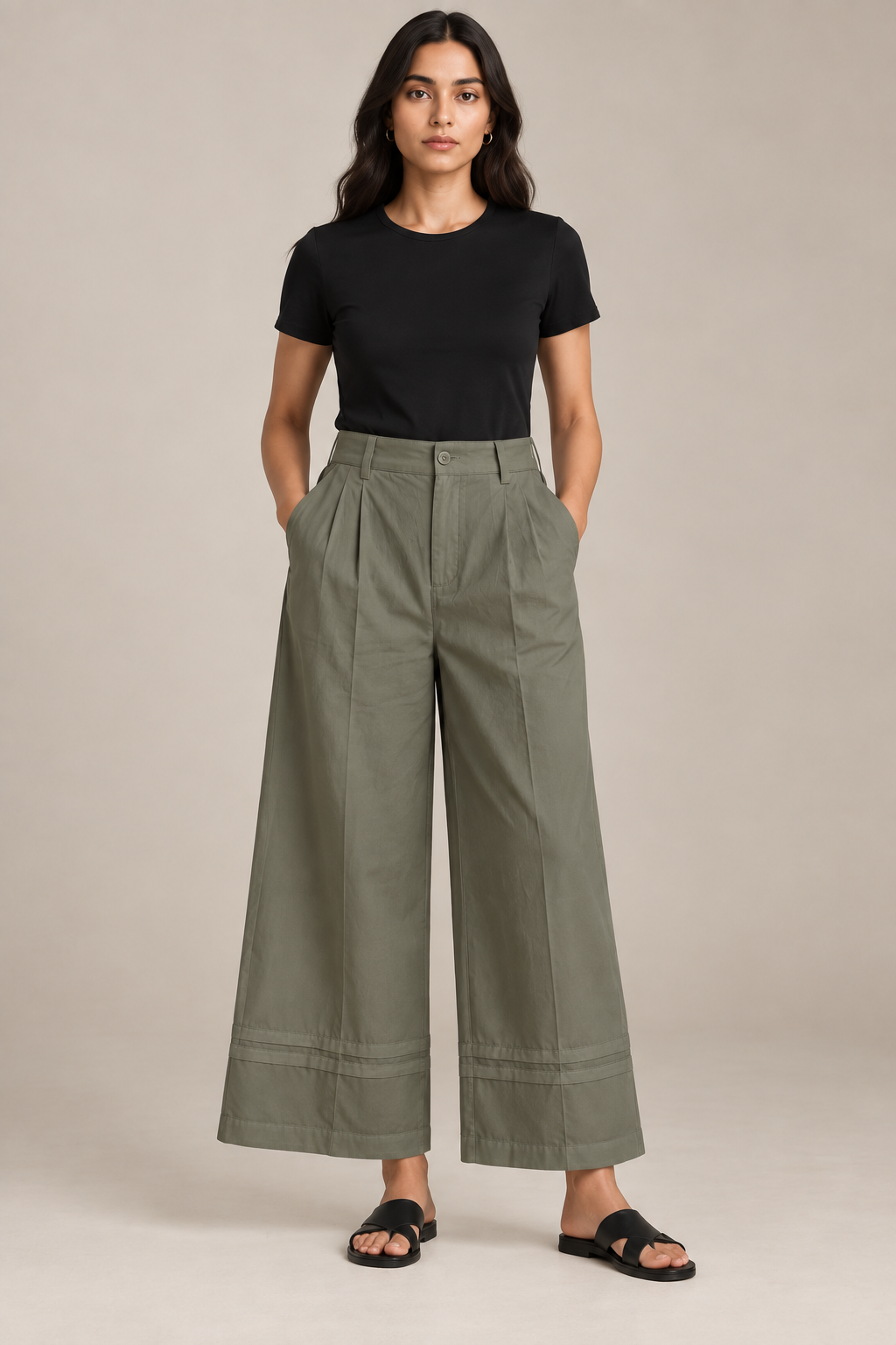 Women Olive Green Cotton Poplin Wide Leg Trouser High Waist Straight Fit Pants
