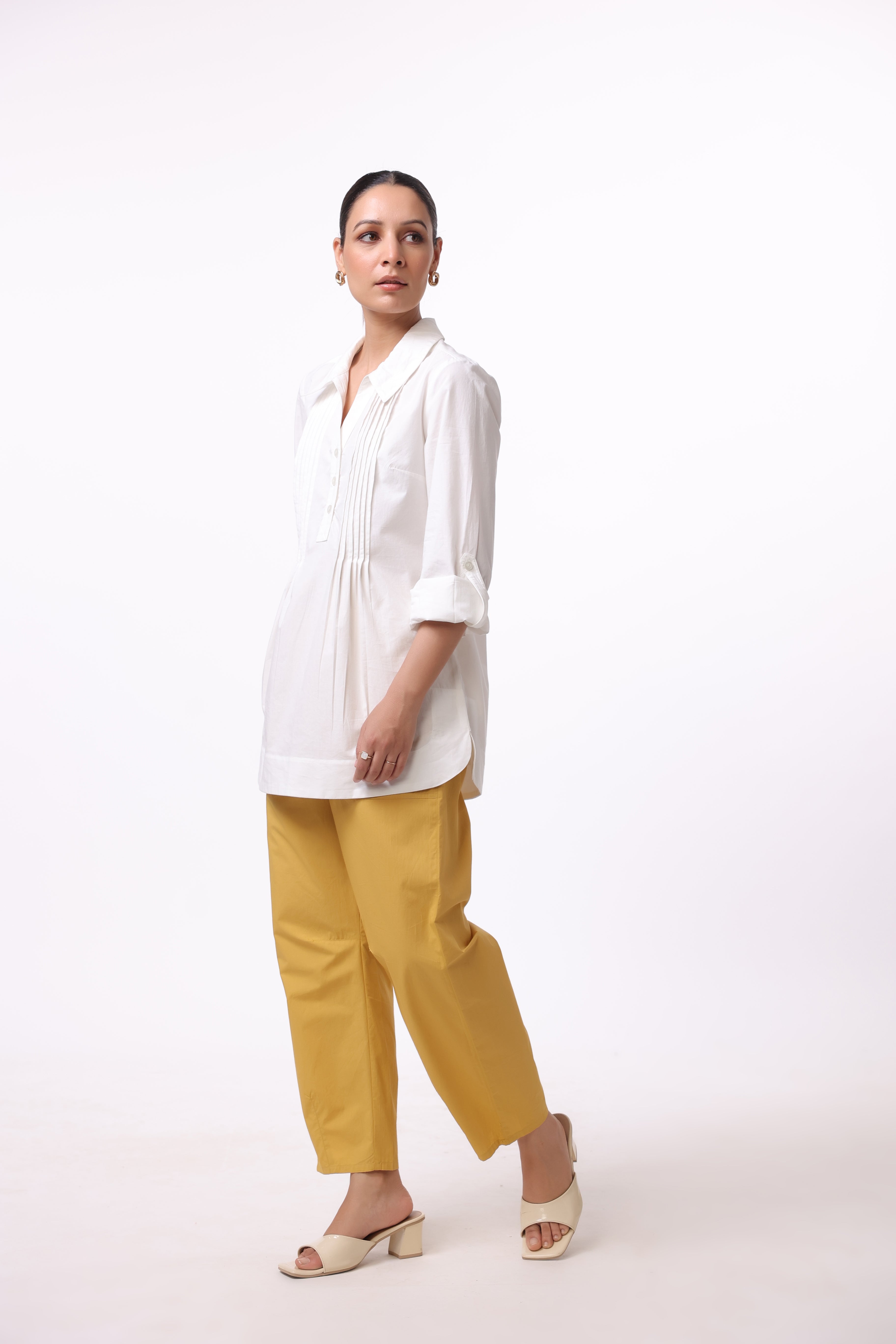 Women’s White Cotton Shirt with Yellow Cotton Pant Co-Ord Set