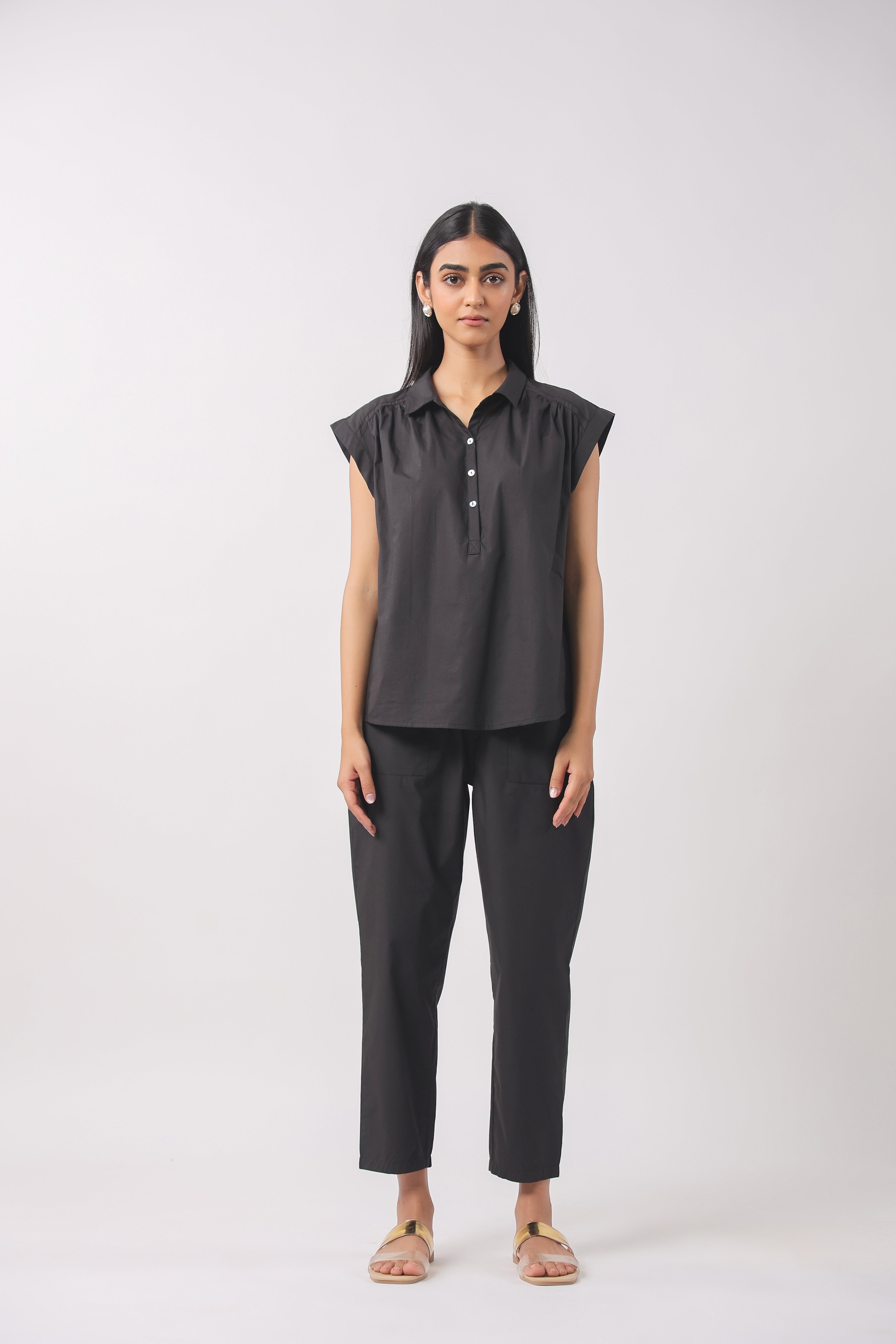 Women’s Black Cotton Top with Black Pants Co-Ord Set
