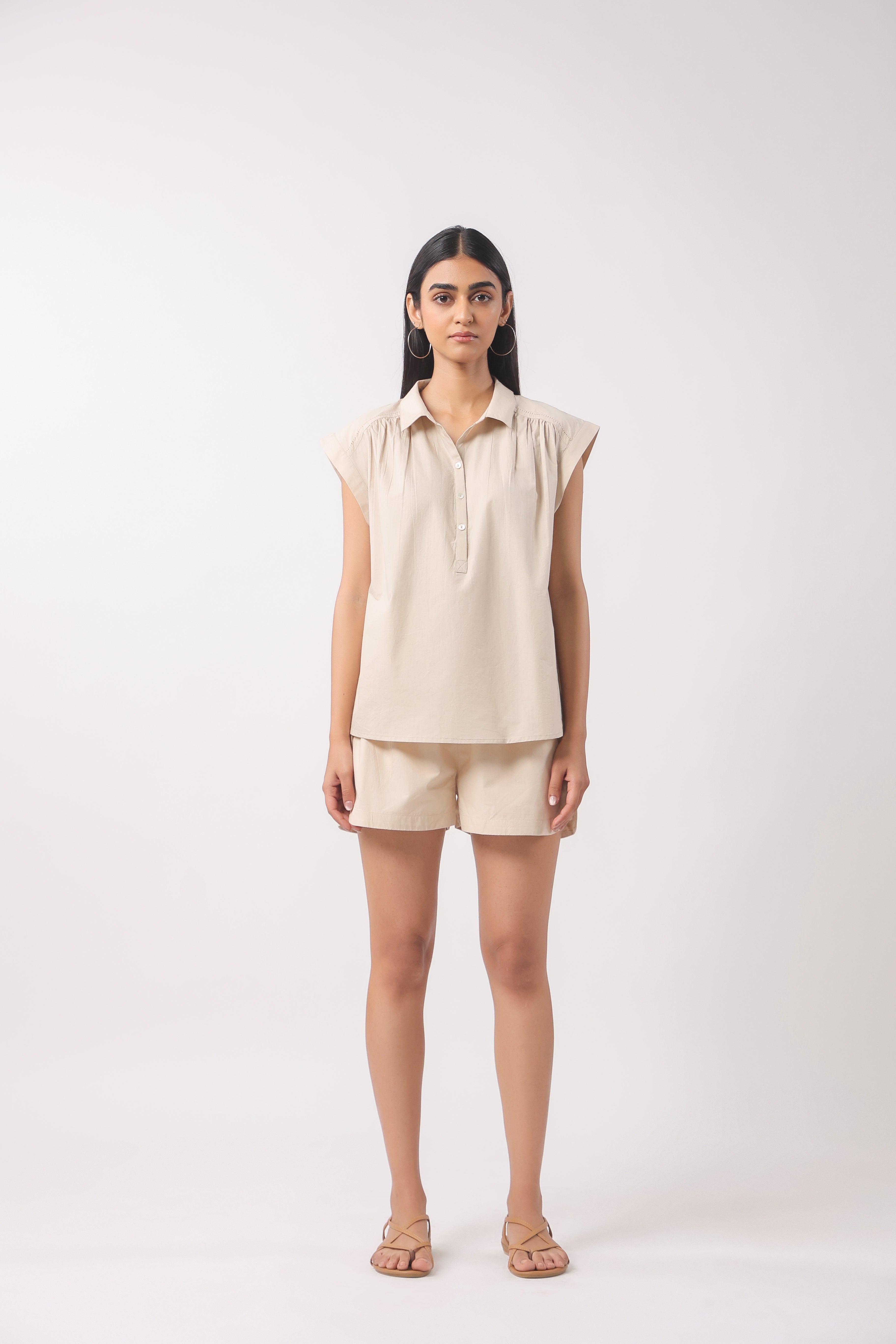 Women’s Beige Cotton Top with Beige Shorts Co-Ord Set