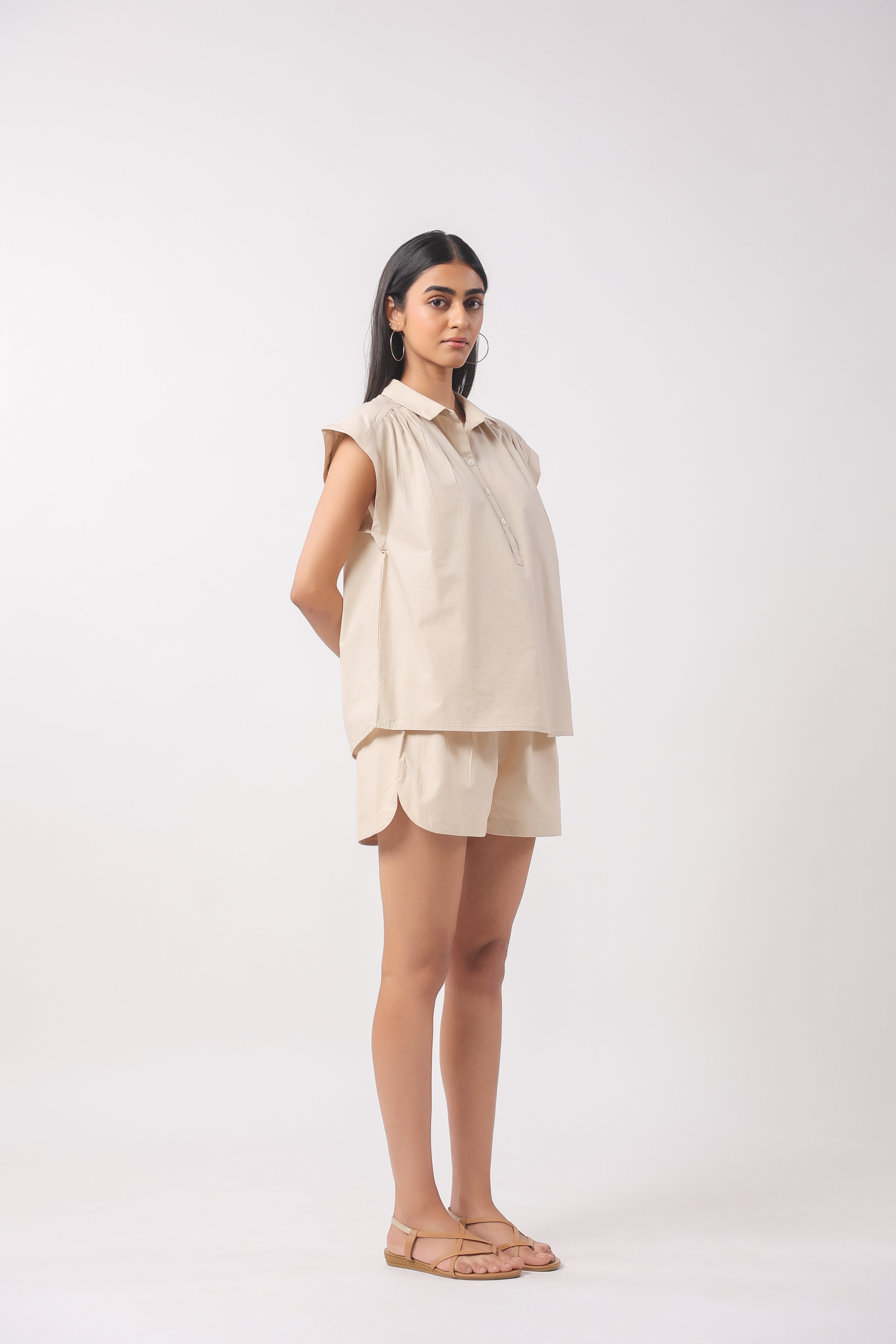 Women’s Beige Cotton Top with Beige Shorts Co-Ord Set