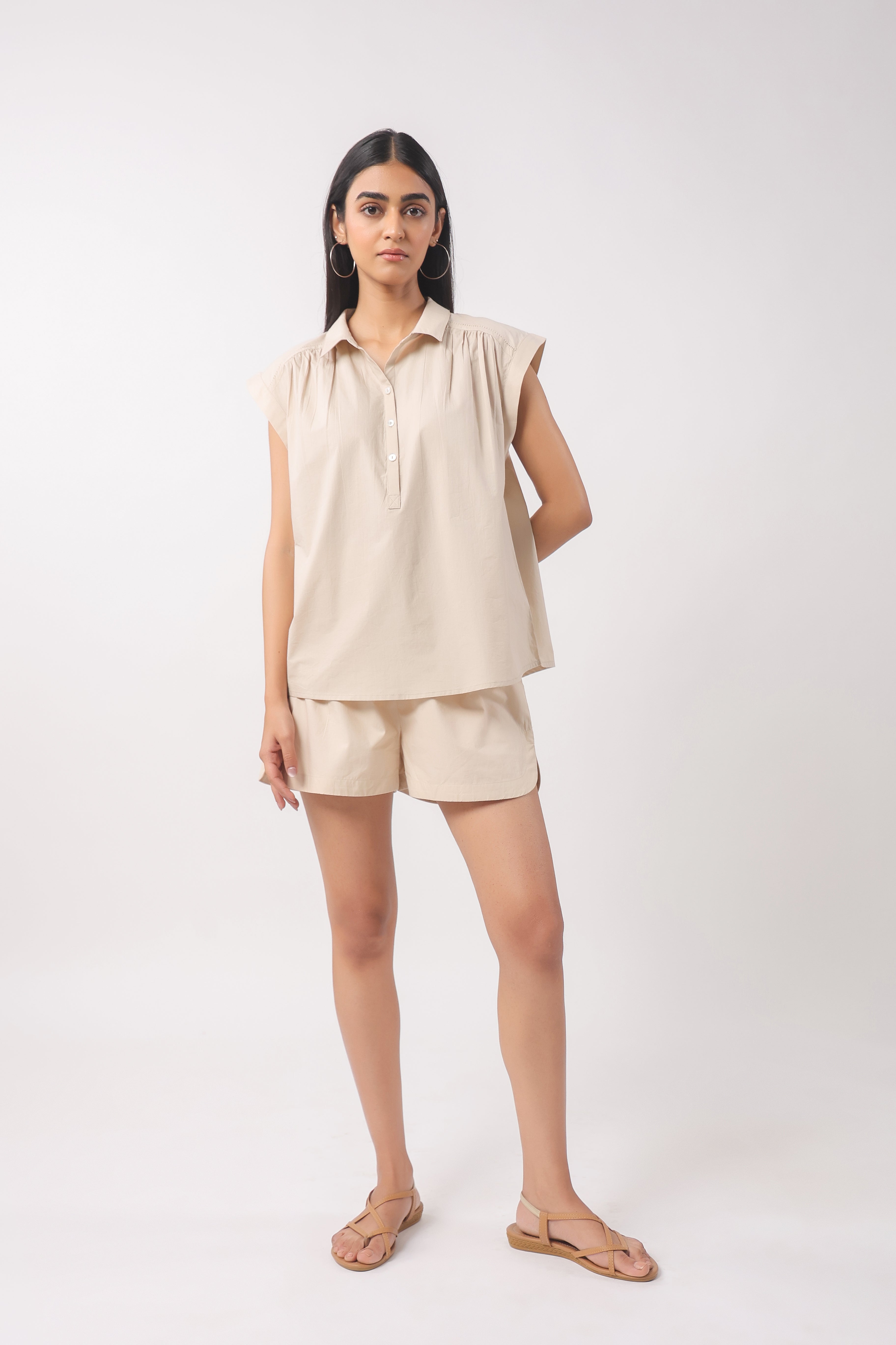 Women’s Beige Cotton Top with Beige Shorts Co-Ord Set