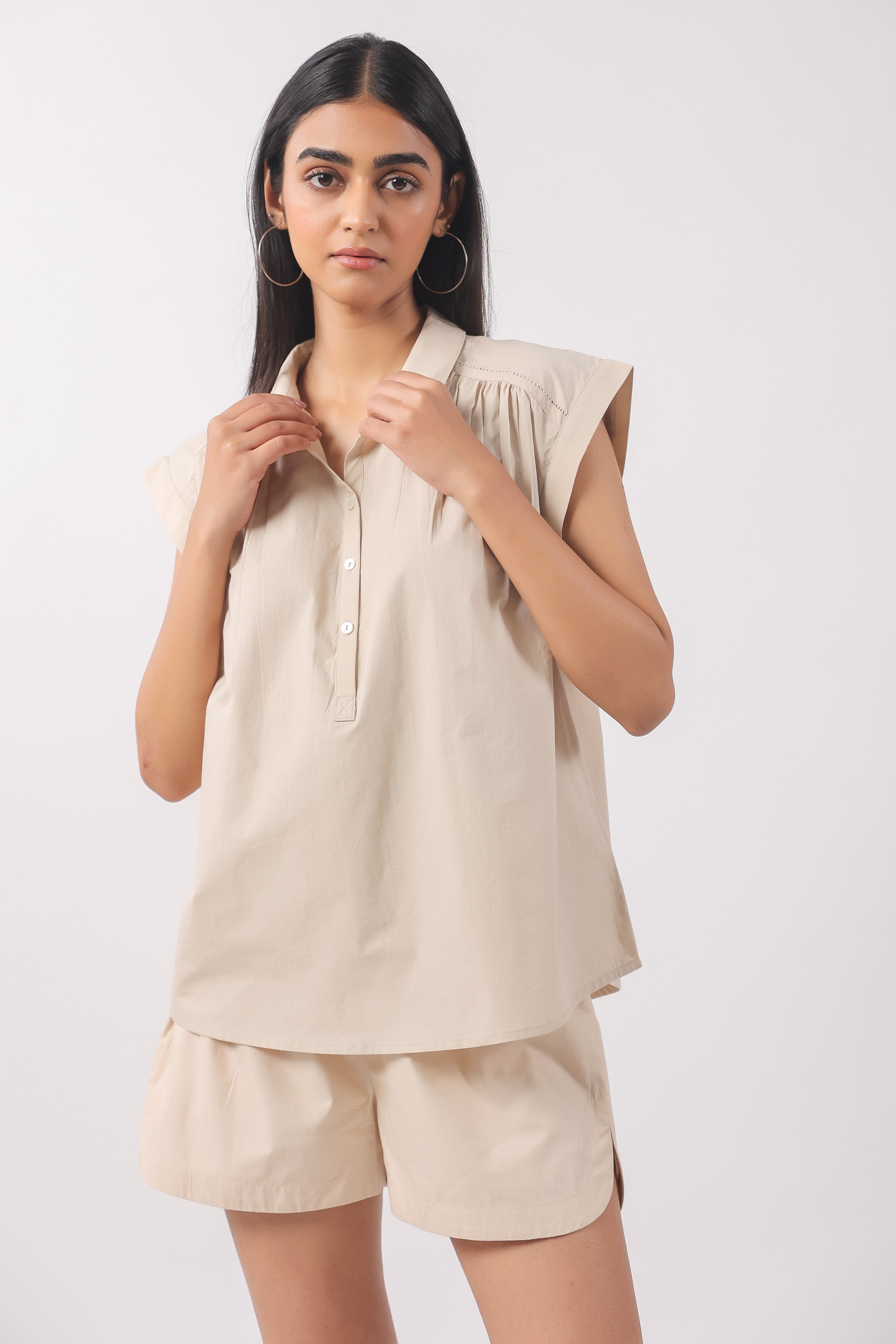 Women’s Beige Cotton Top with Beige Shorts Co-Ord Set