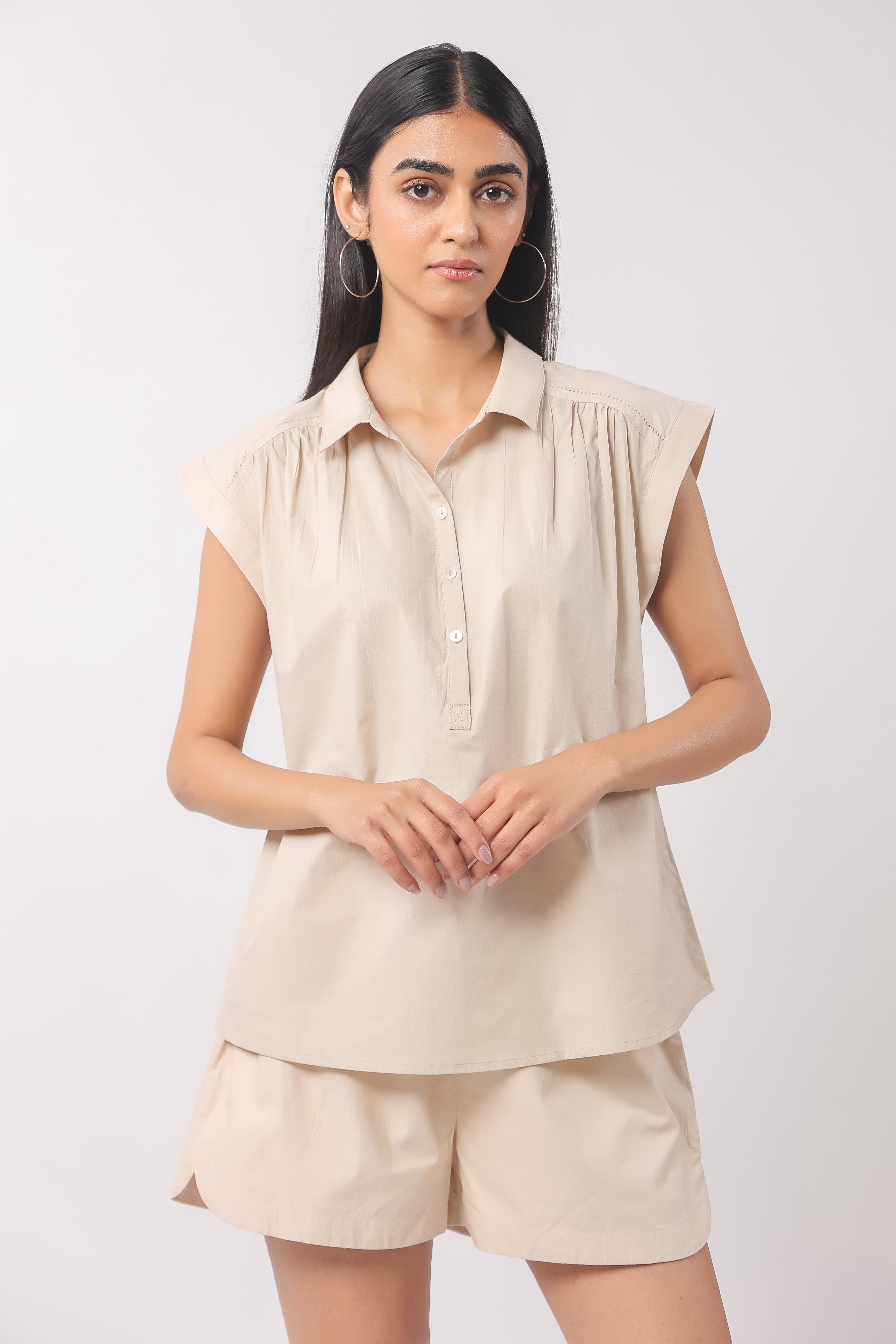 Women’s Beige Cotton Top with Beige Shorts Co-Ord Set