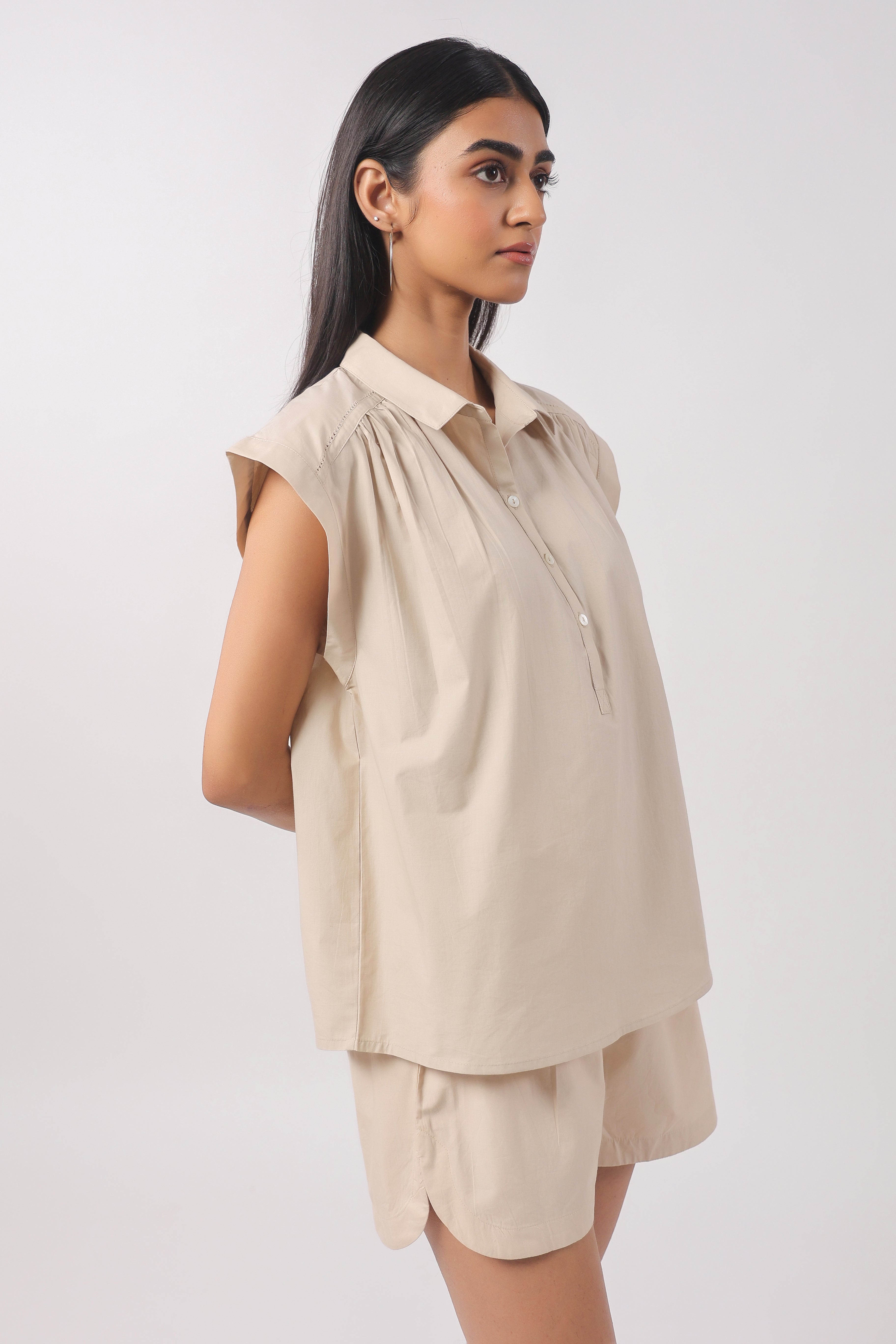 Women’s Beige Cotton Top with Beige Shorts Co-Ord Set