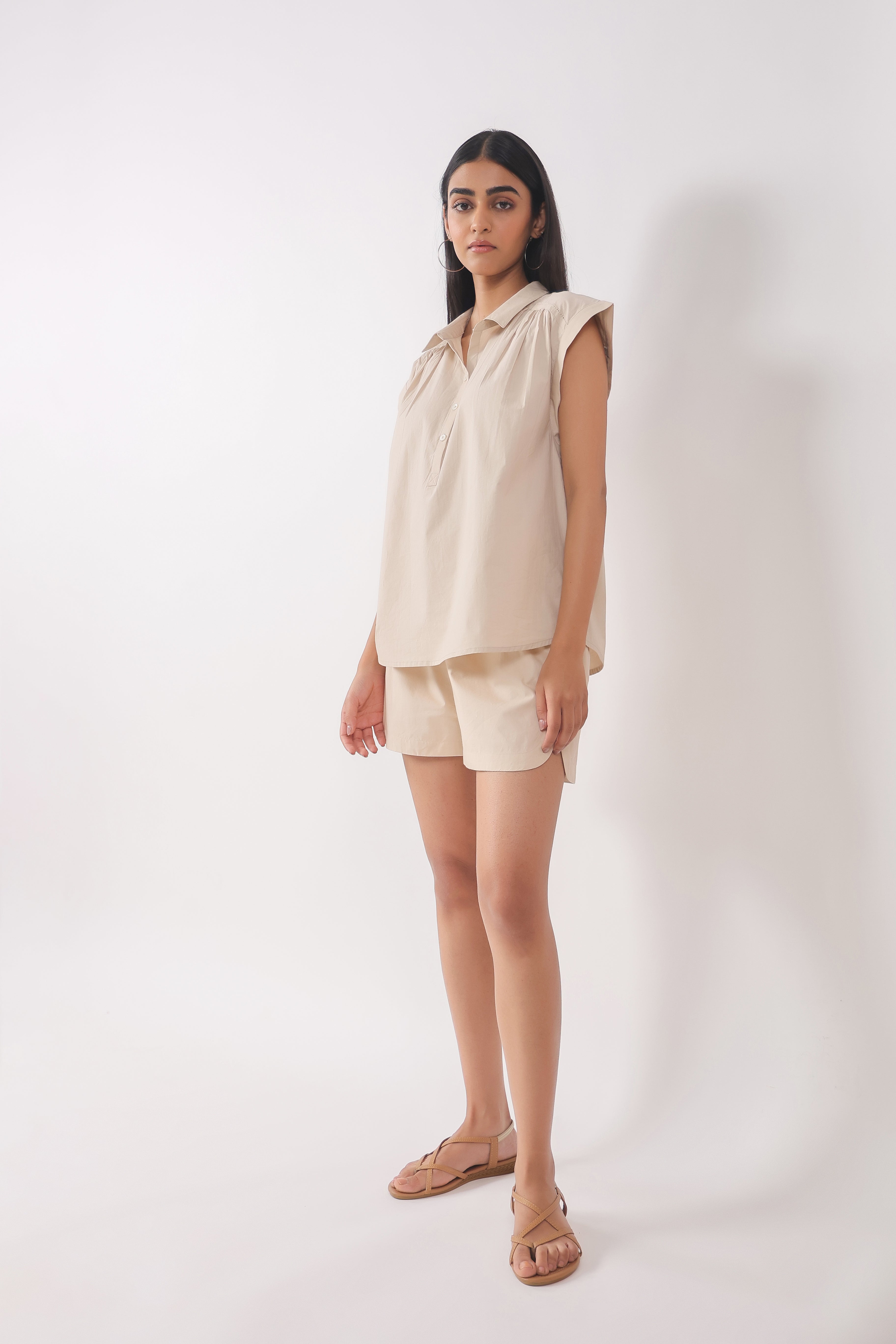 Women’s Beige Cotton Top with Beige Shorts Co-Ord Set