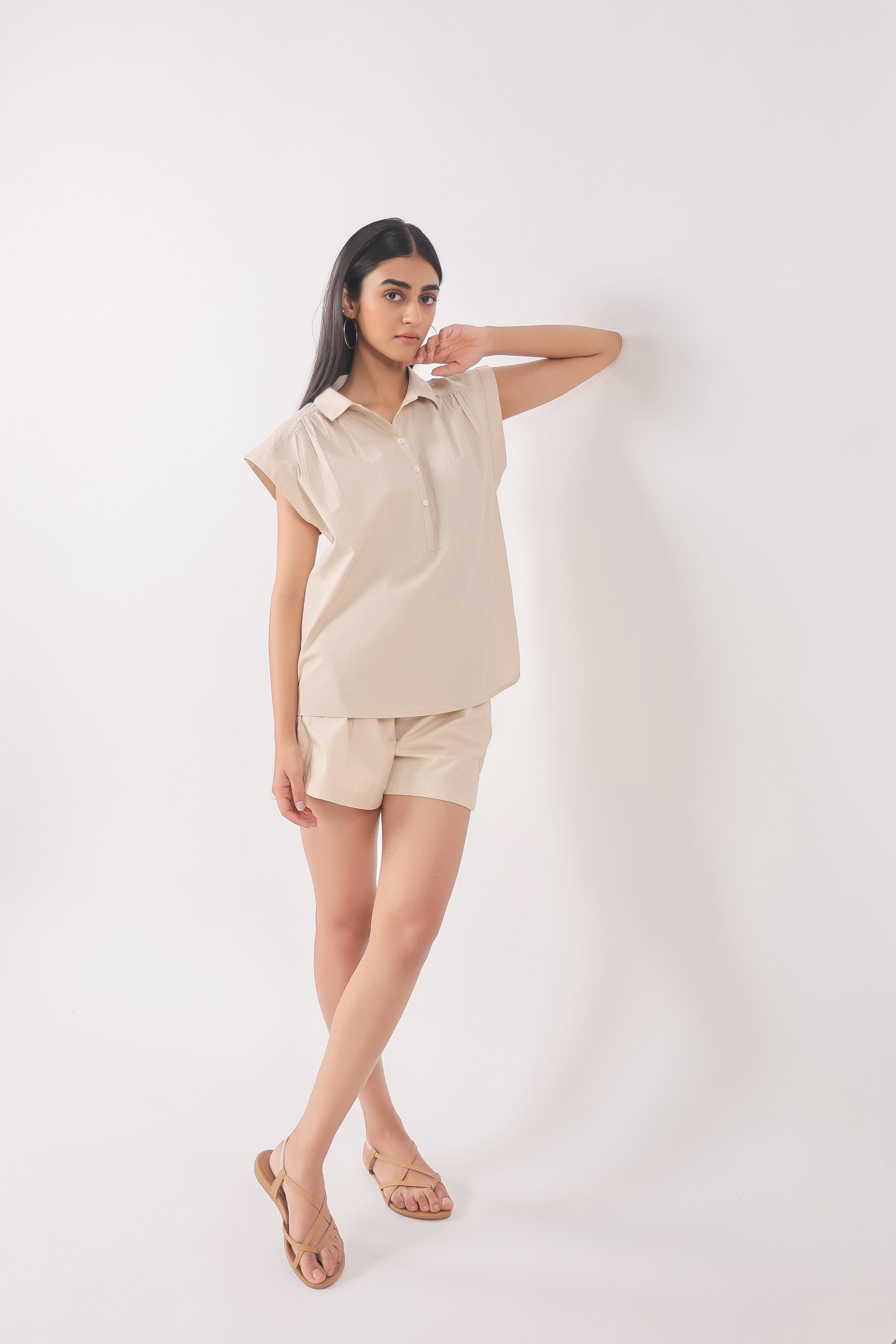 Women’s Beige Cotton Top with Beige Shorts Co-Ord Set