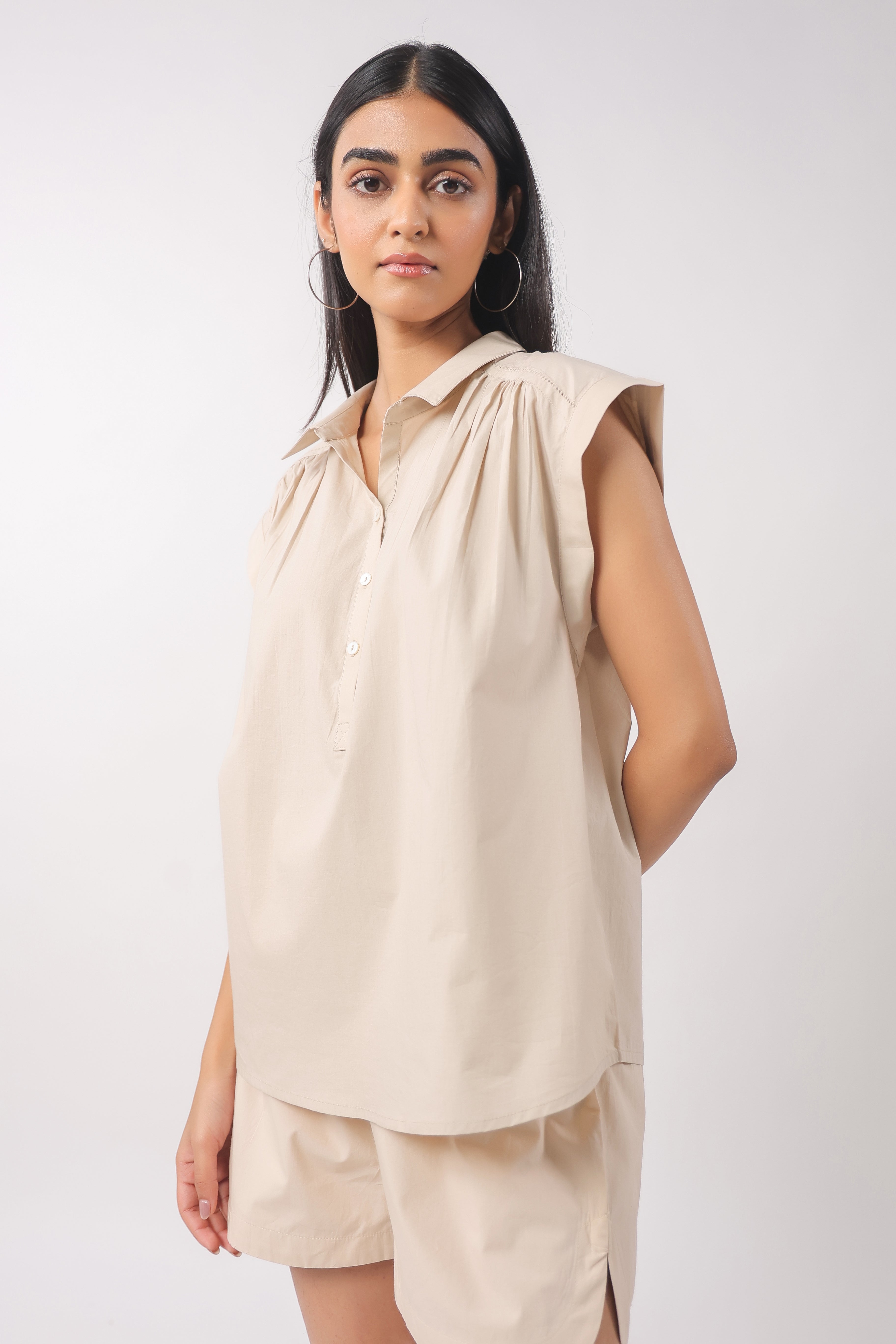 Women’s Beige Cotton Top with Beige Shorts Co-Ord Set