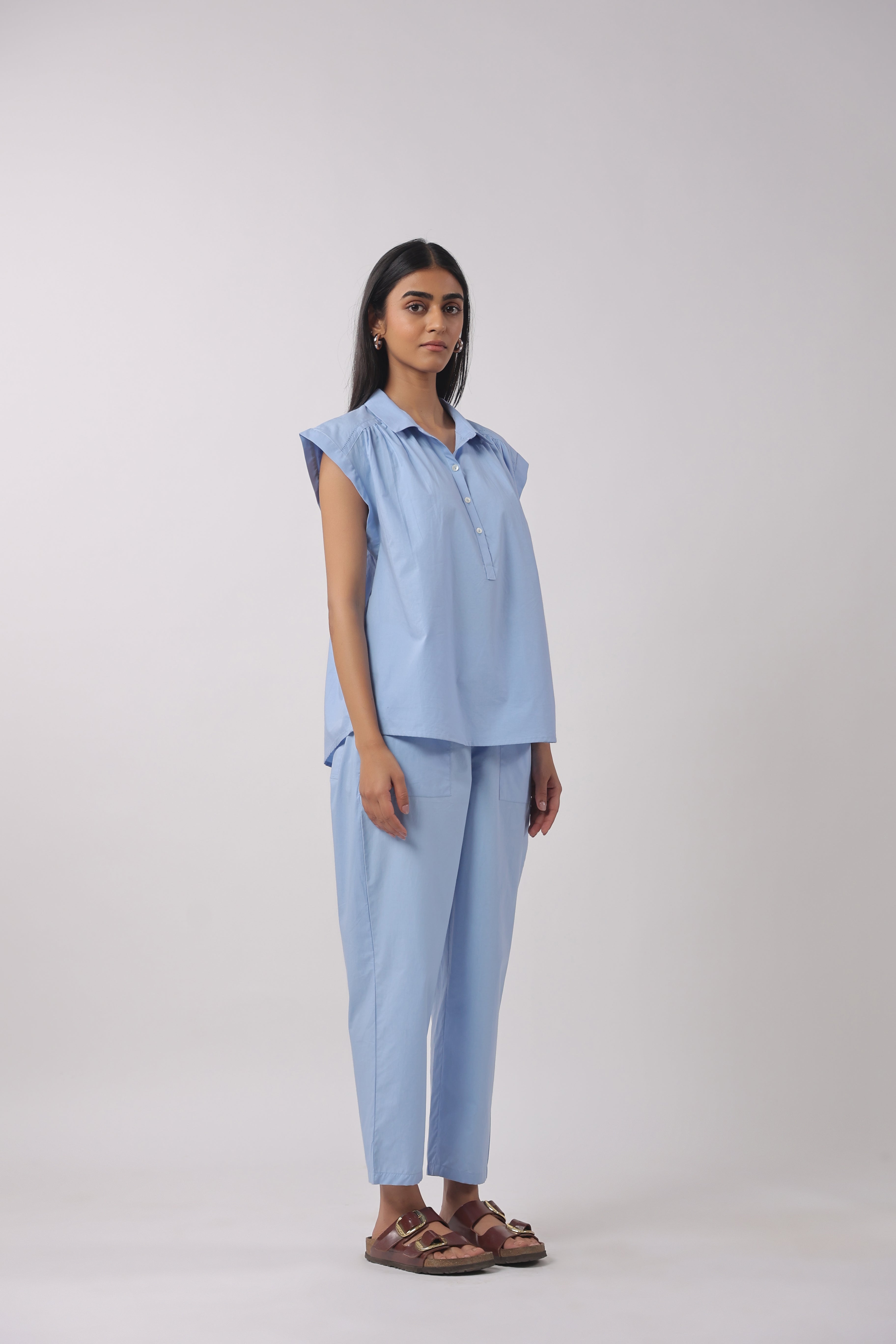 Women’s Blue Cotton Top with Blue Pants Co-Ord Set
