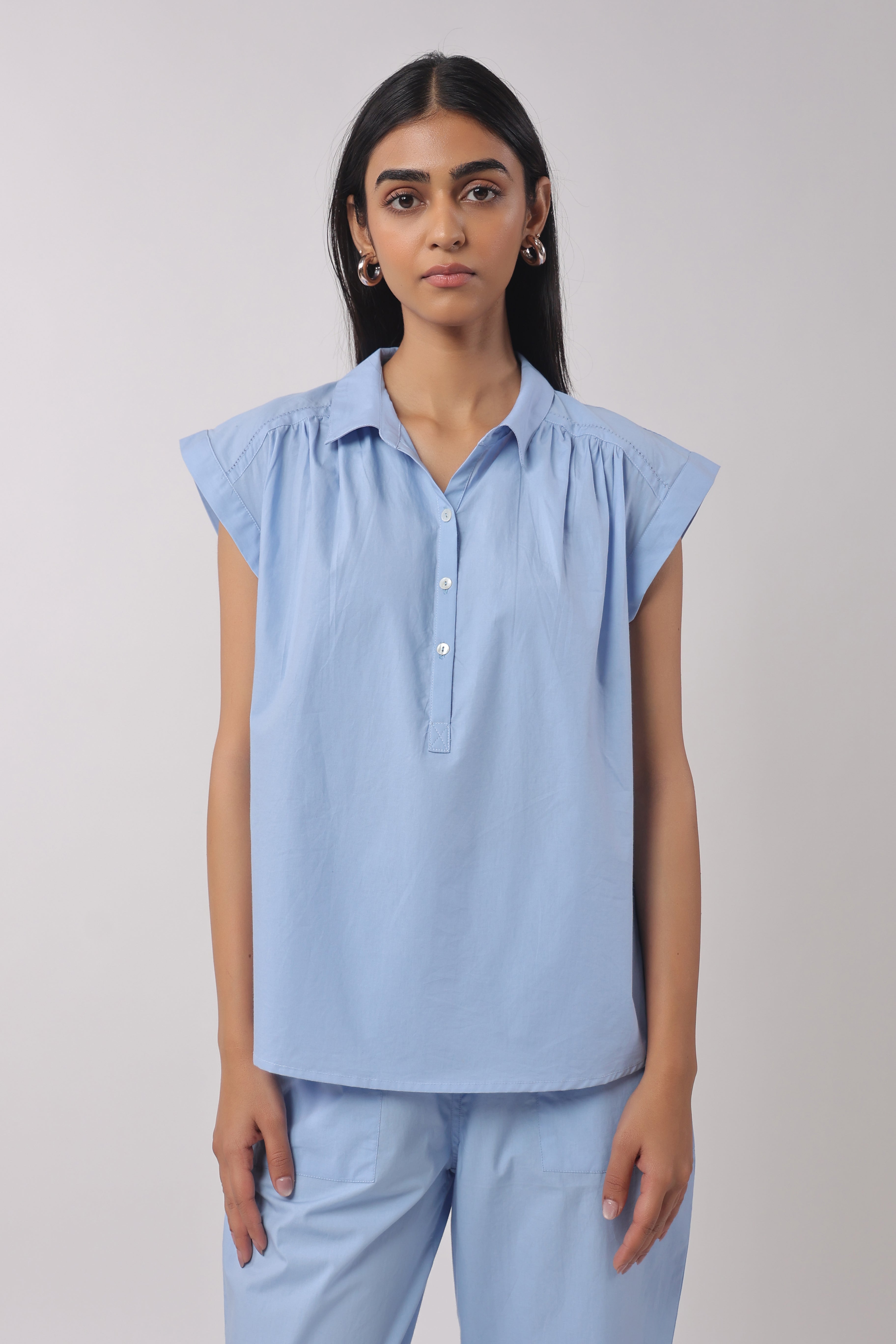 Women’s Blue Cotton Top with Blue Pants Co-Ord Set