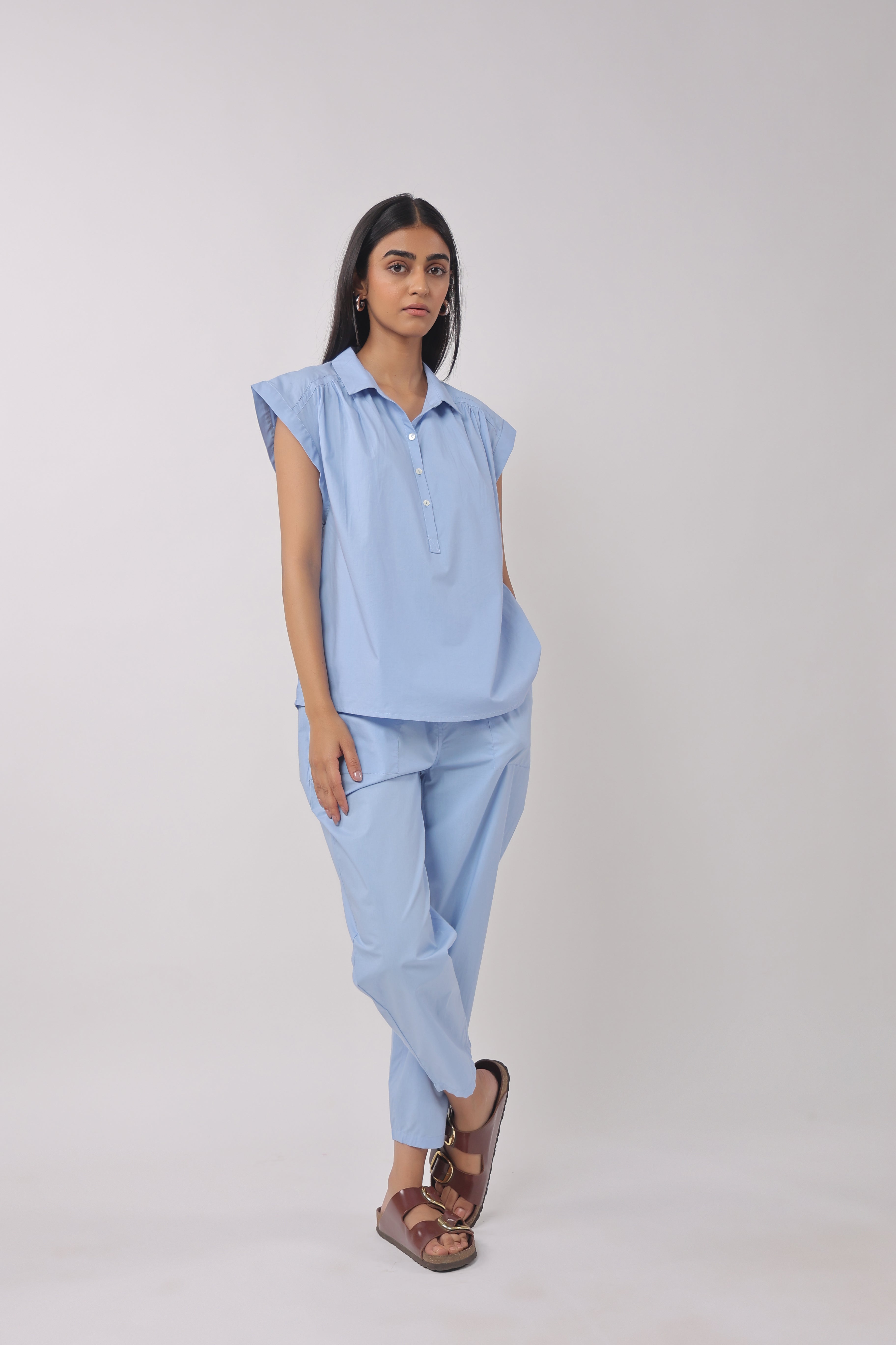 Women’s Blue Cotton Top with Blue Pants Co-Ord Set