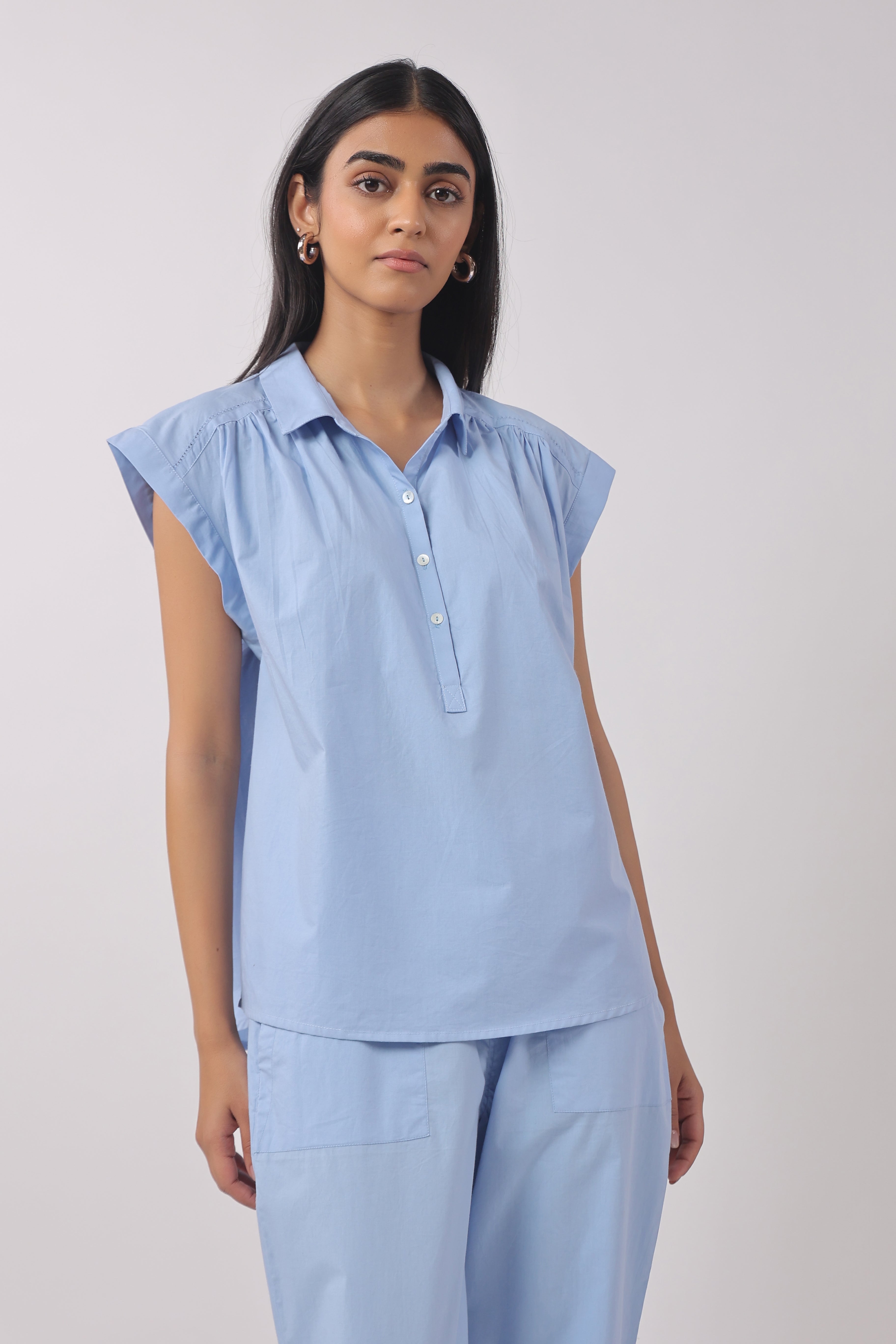 Women’s Blue Cotton Top with Blue Pants Co-Ord Set