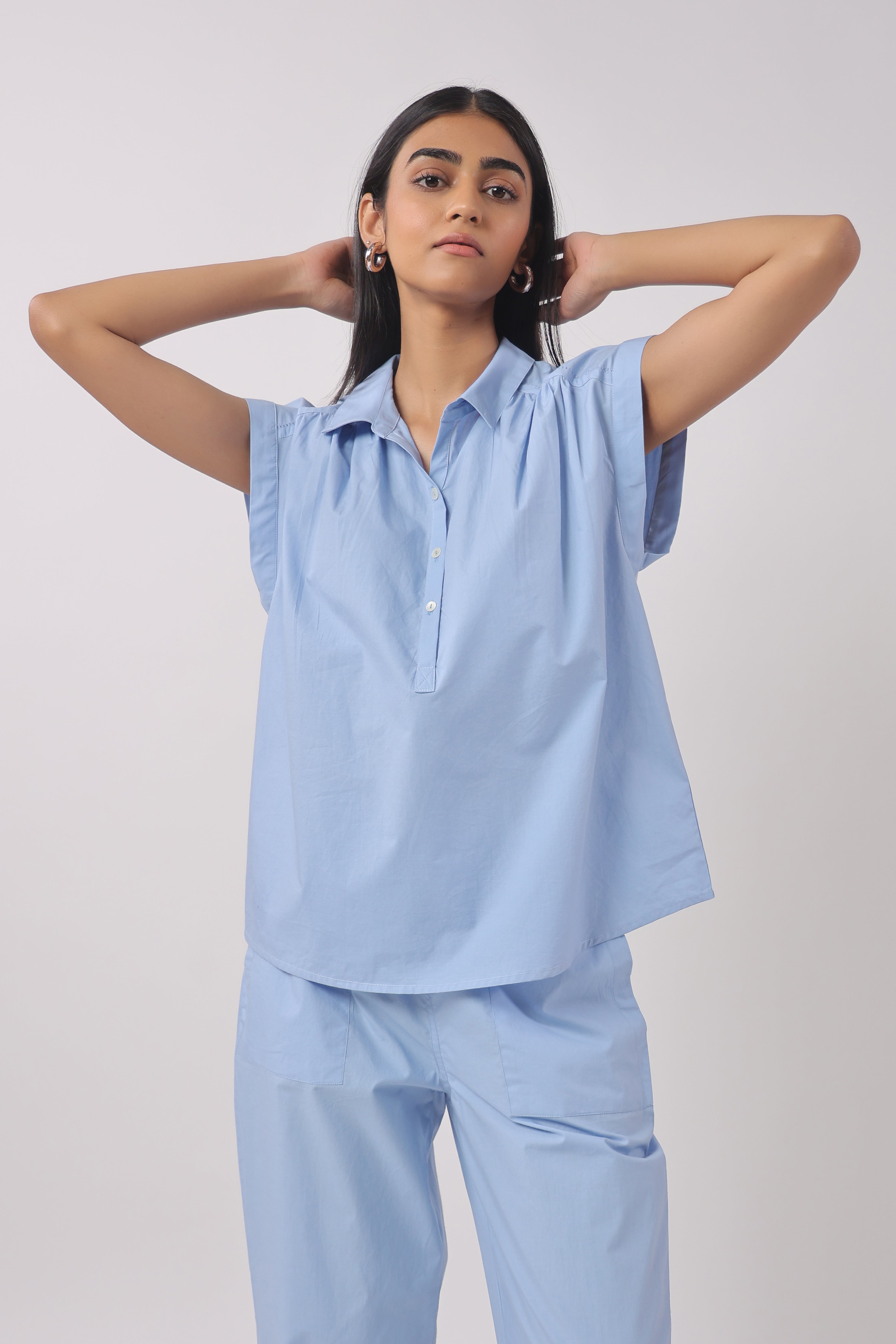 Women’s Blue Cotton Top with Blue Pants Co-Ord Set
