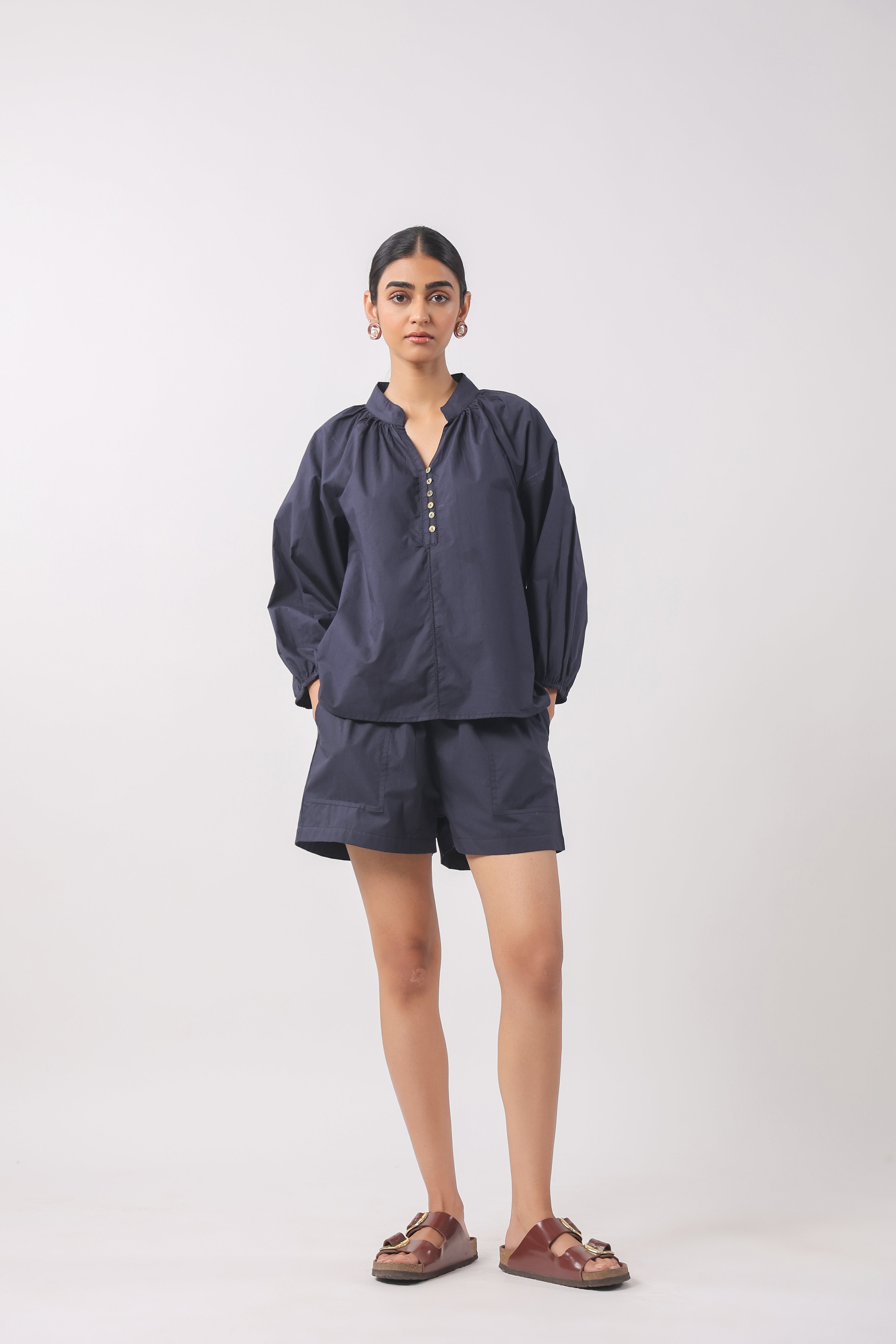 Women’s Navy Blue Cotton Top with Navy Blue Shorts Co-Ord Set