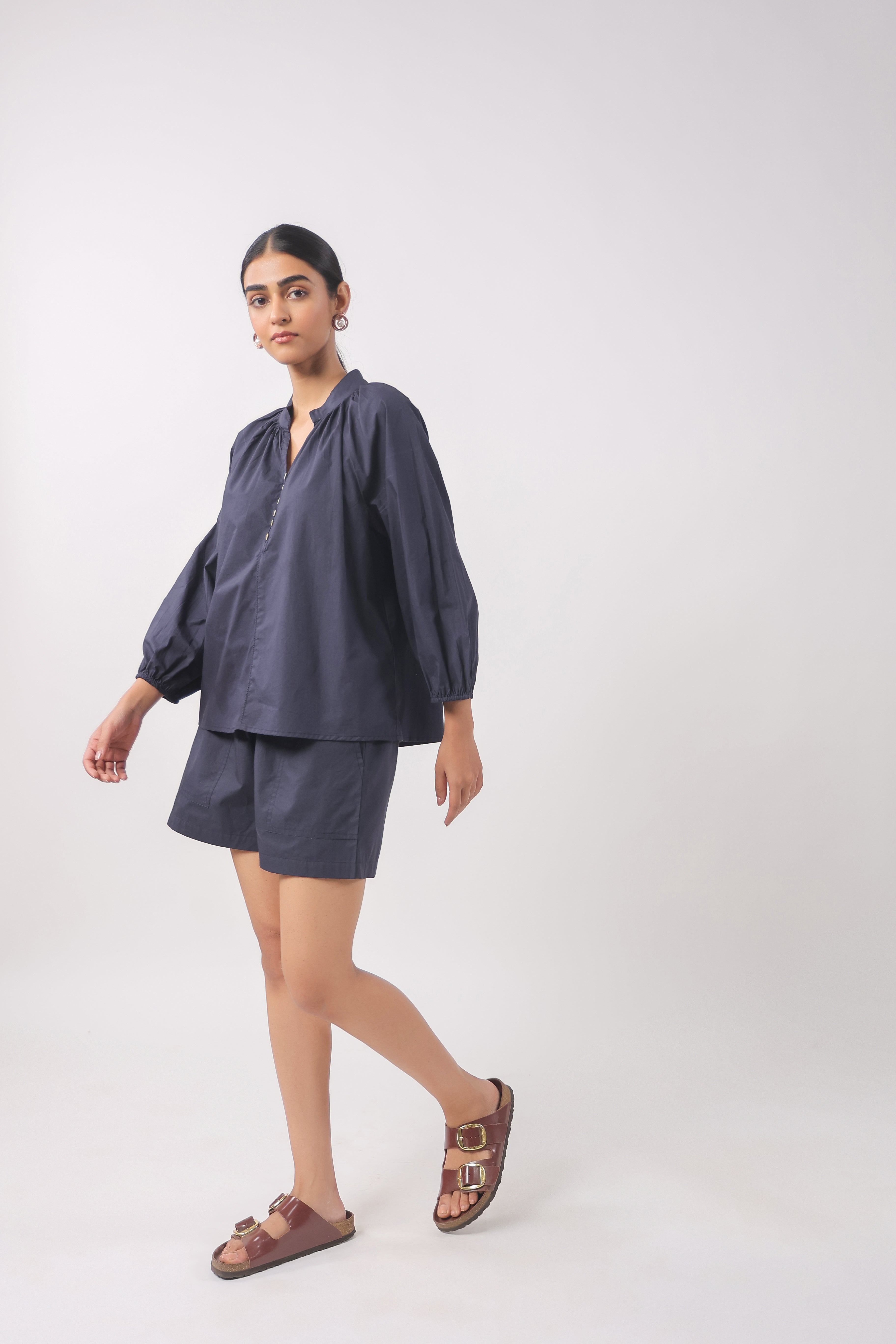 Women’s Navy Blue Cotton Top with Navy Blue Shorts Co-Ord Set
