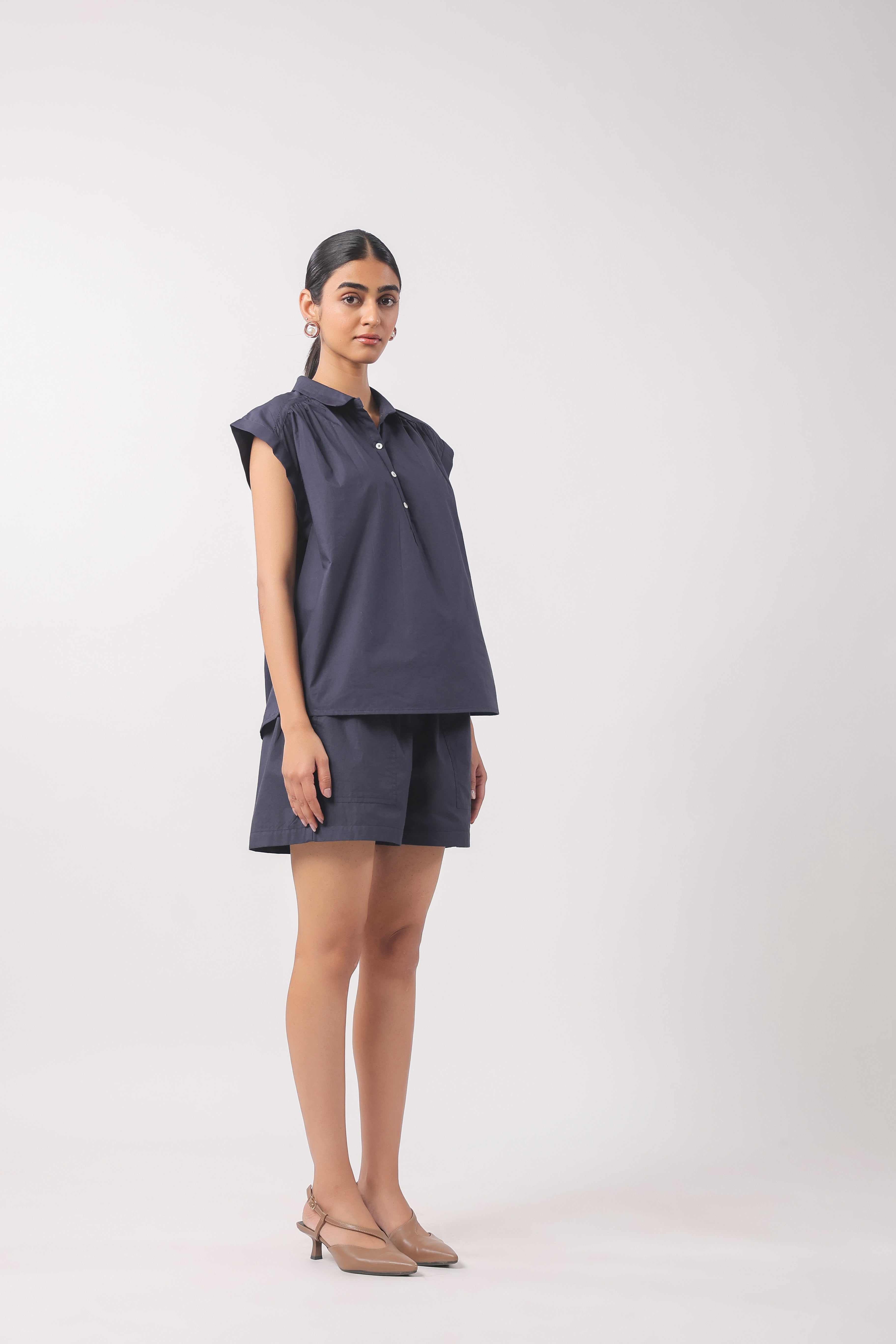 Women’s Navy Blue Cotton Top with Navy Blue Shorts Co-Ord Set