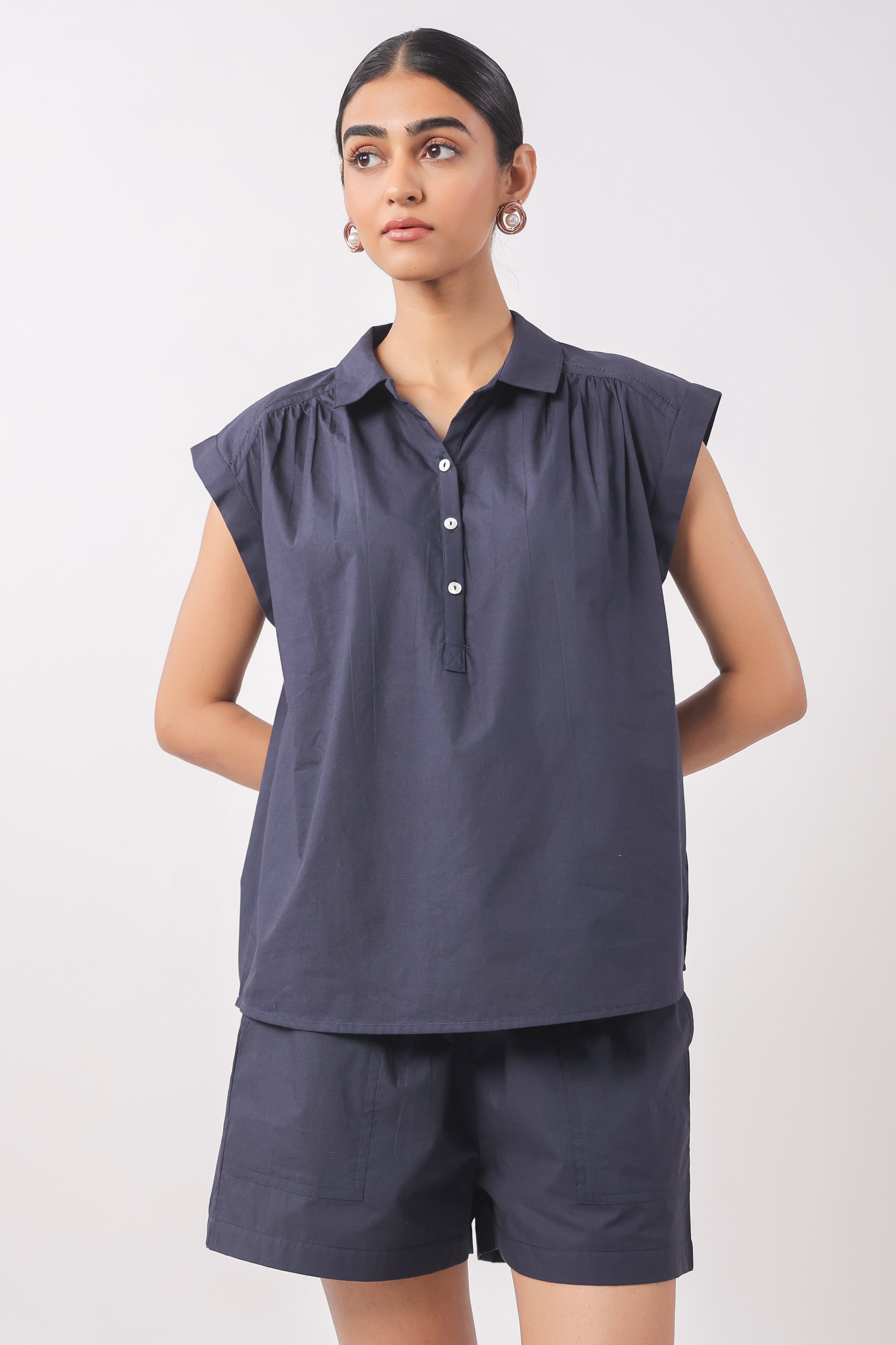 Women’s Navy Blue Cotton Top with Navy Blue Shorts Co-Ord Set