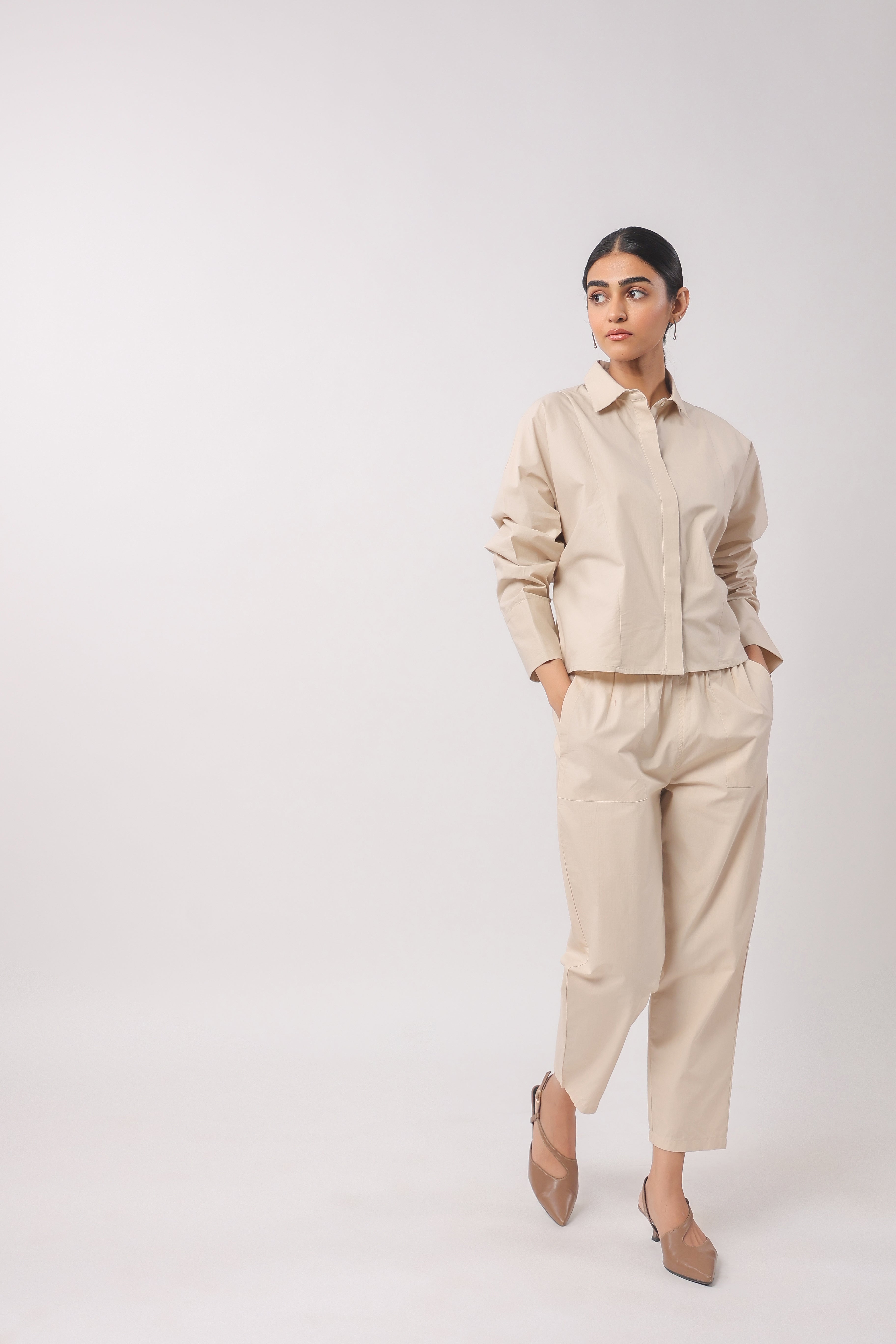 Women’s Beige Cotton Poplin Co-Ord Set
