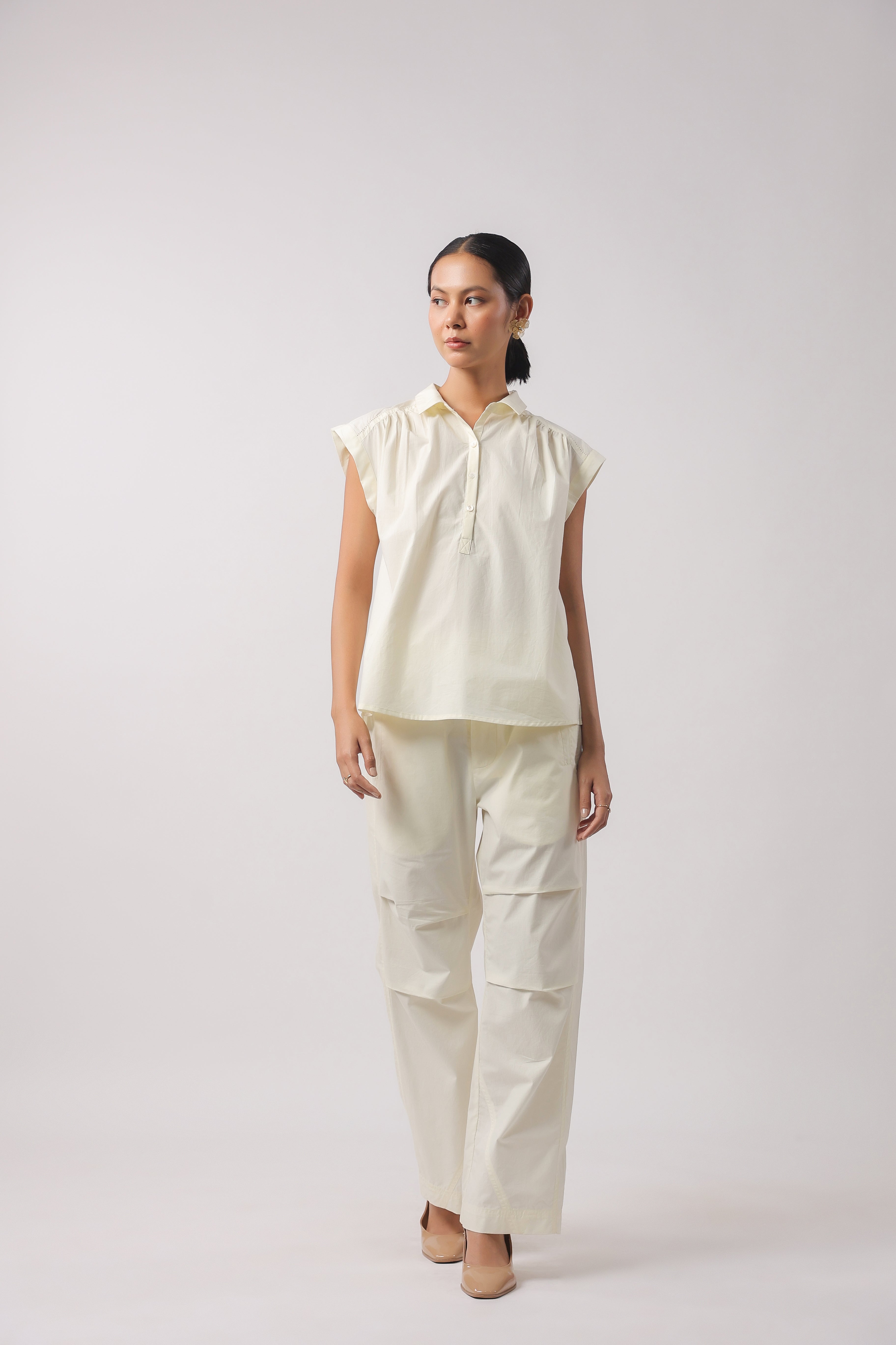 Women’s Off-White Cotton Top with Off-White Pants Co-Ord Set