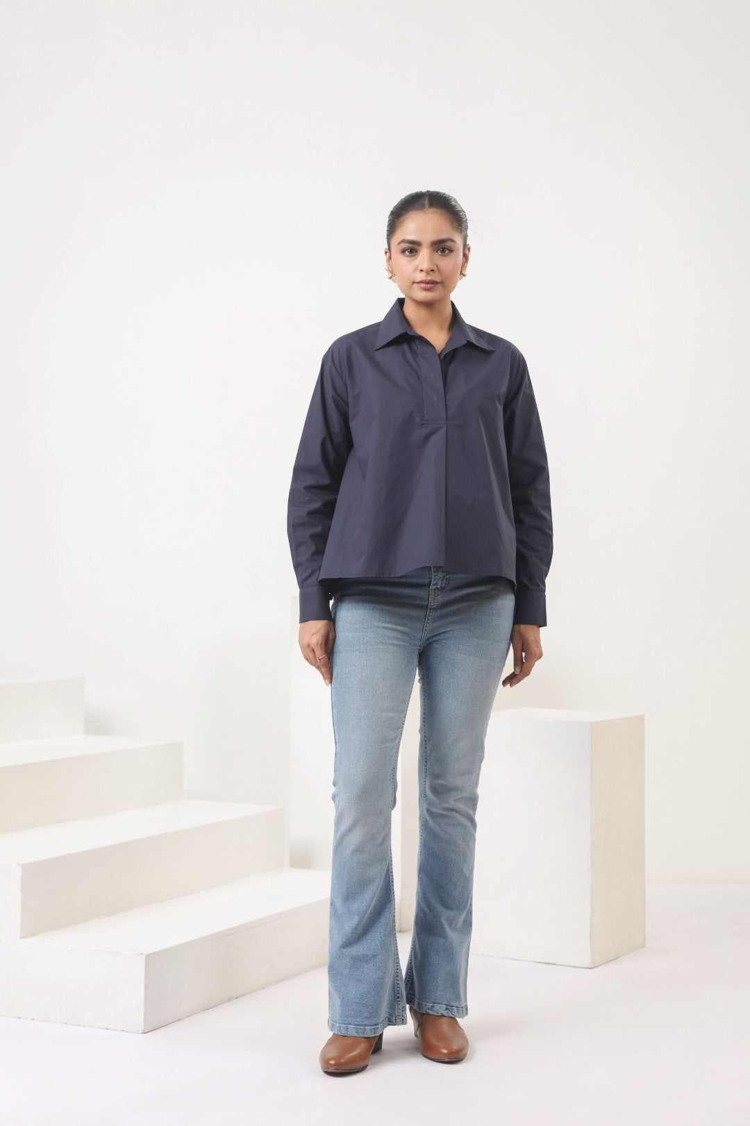 Women’s Navy Cotton Poplin Top