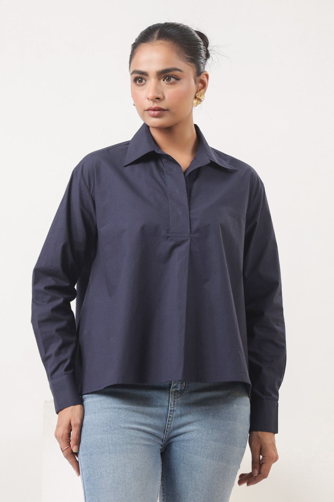Women’s Navy Cotton Poplin Top
