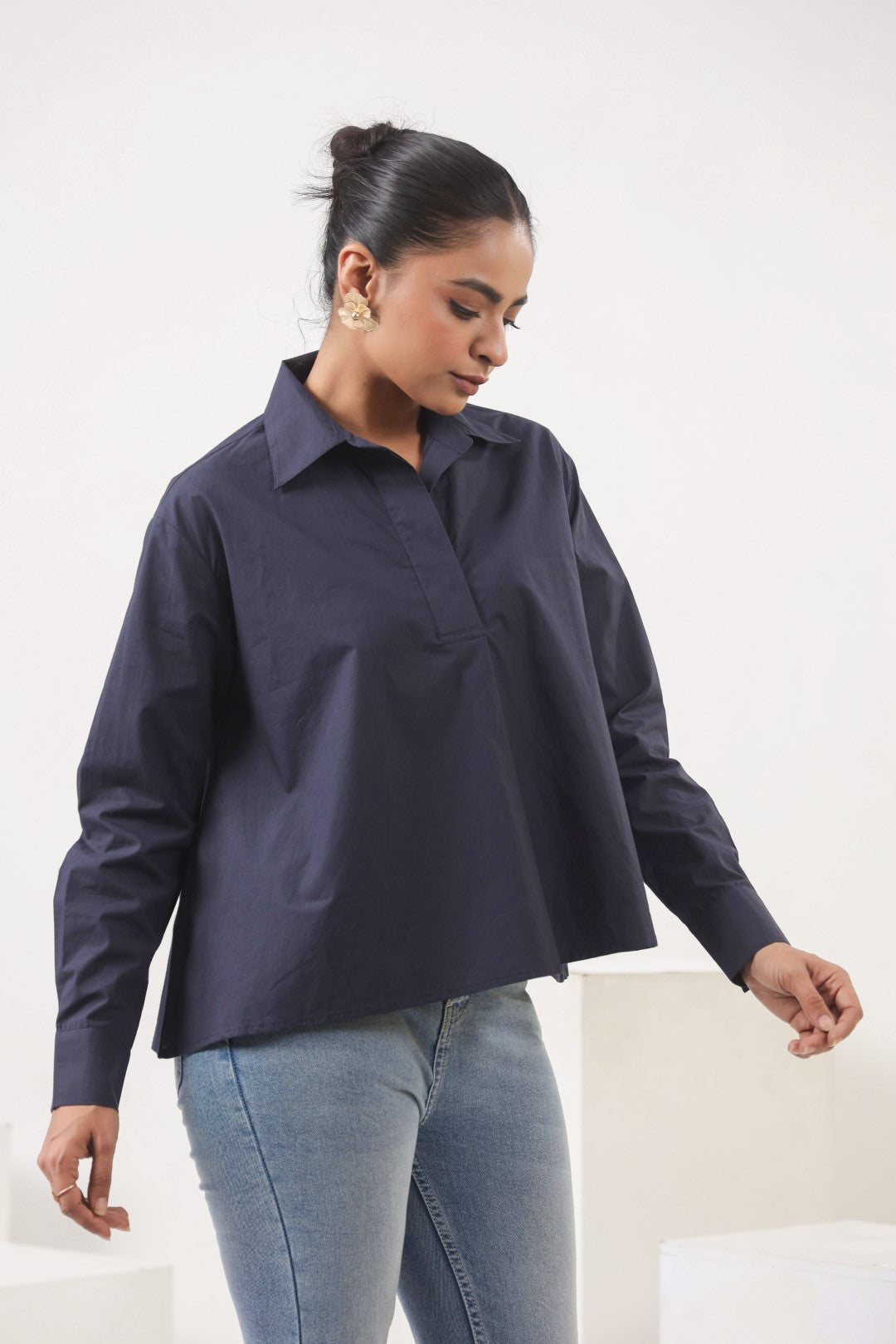 Women’s Navy Cotton Poplin Top