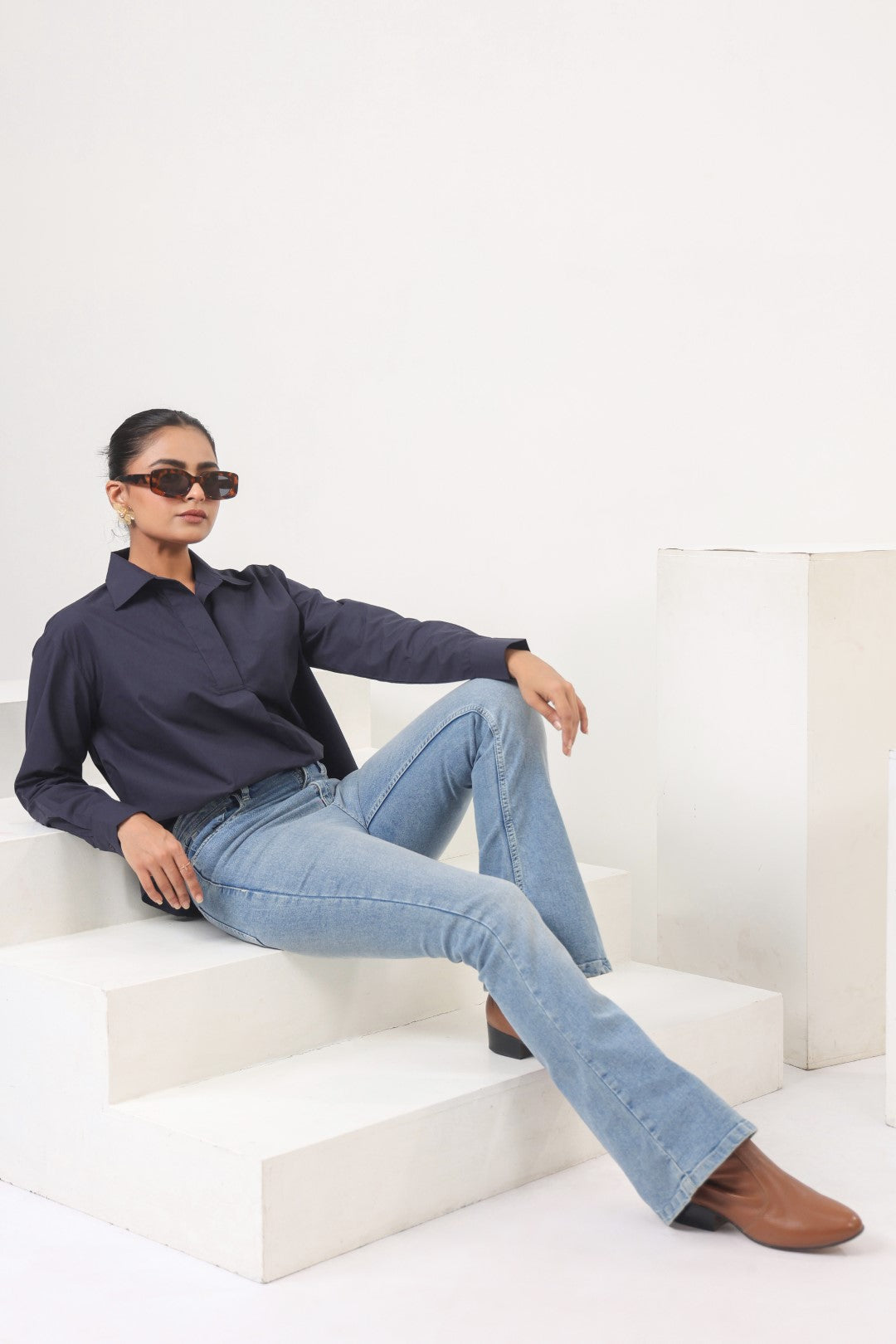 Women’s Navy Cotton Poplin Top